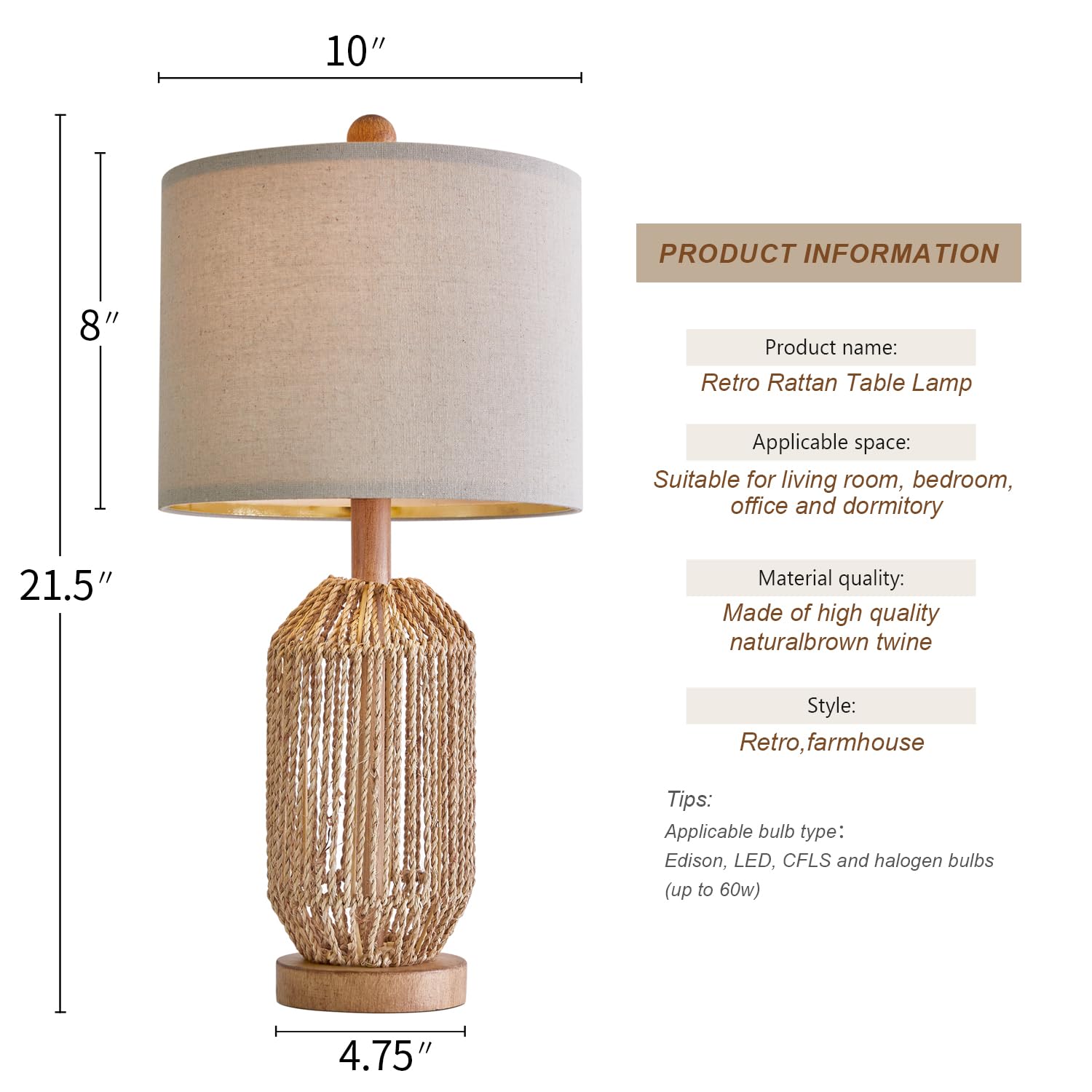 OYEARS Boho Table Lamps Set of 2, Rattan, Brown, Model AMZ-T1137BR, Ideal for Living Room and Bedroom Decor