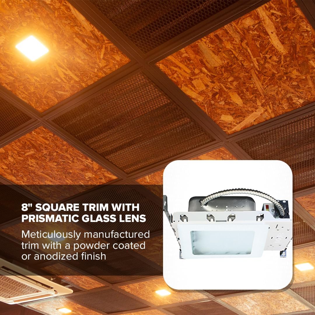 Elco Lighting 8'' Square Trim With Prismatic Glass Lens, Recessed Ceiling Light Cover, 42W, E26 Base, White Finish