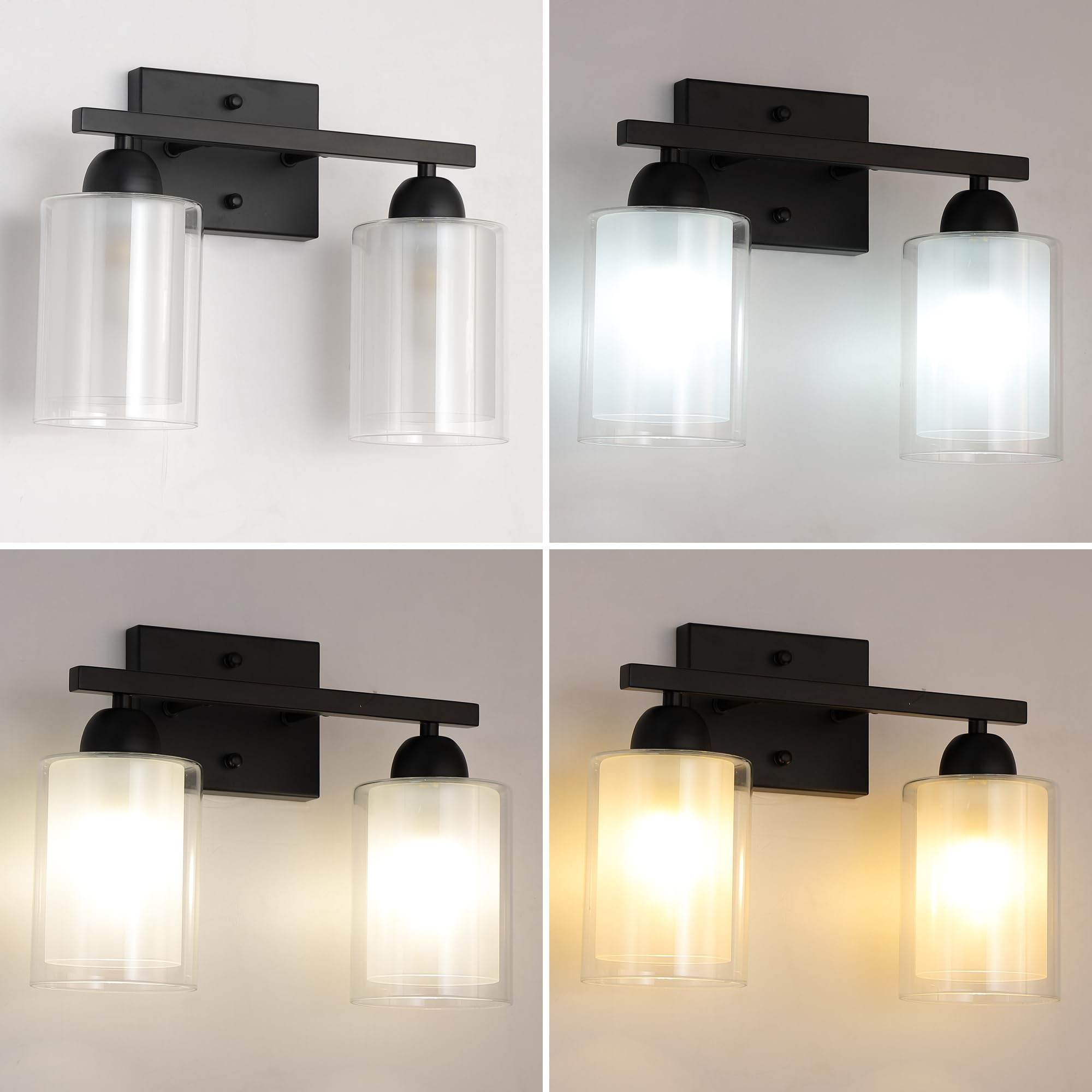 Mecgirn 2 Light Bathroom Vanity Light, Matte Black, Stainless Steel with Clear and Milk Glass Shades, Model B0007-2-Black
