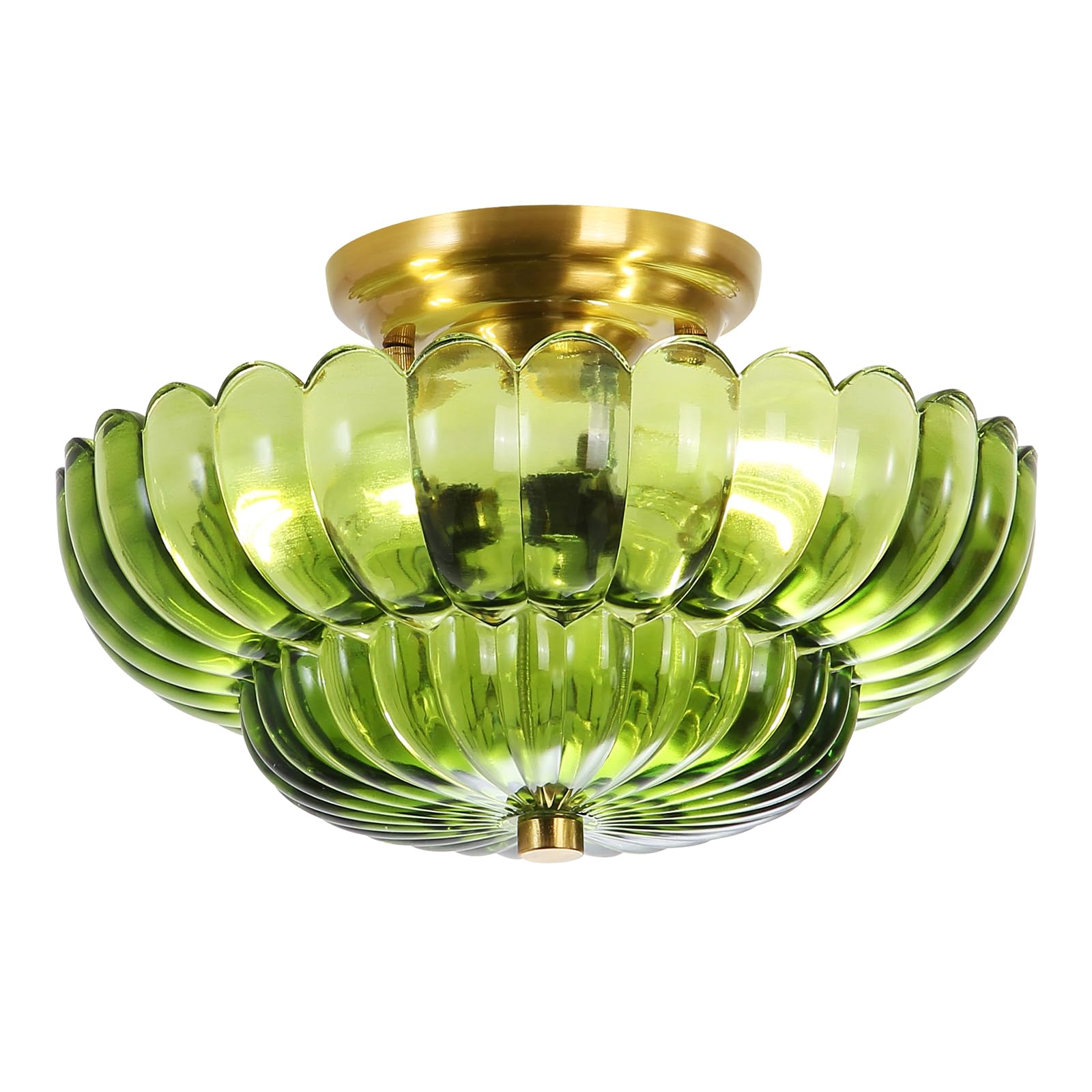 GloMuse Flush Mount Ceiling Light Modern Green Glass 3 Bulbs Brushed Brass