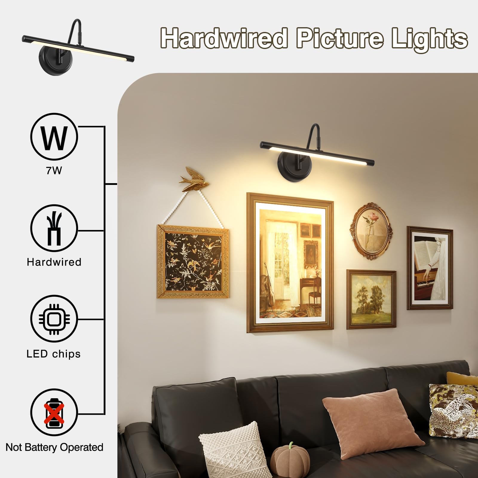 JOOSENLUX LED Picture Light Hardwired Matte Black Modern Picture Lights for Paintings 16.54 Inch Long Swing Arm Metal Art Ligh