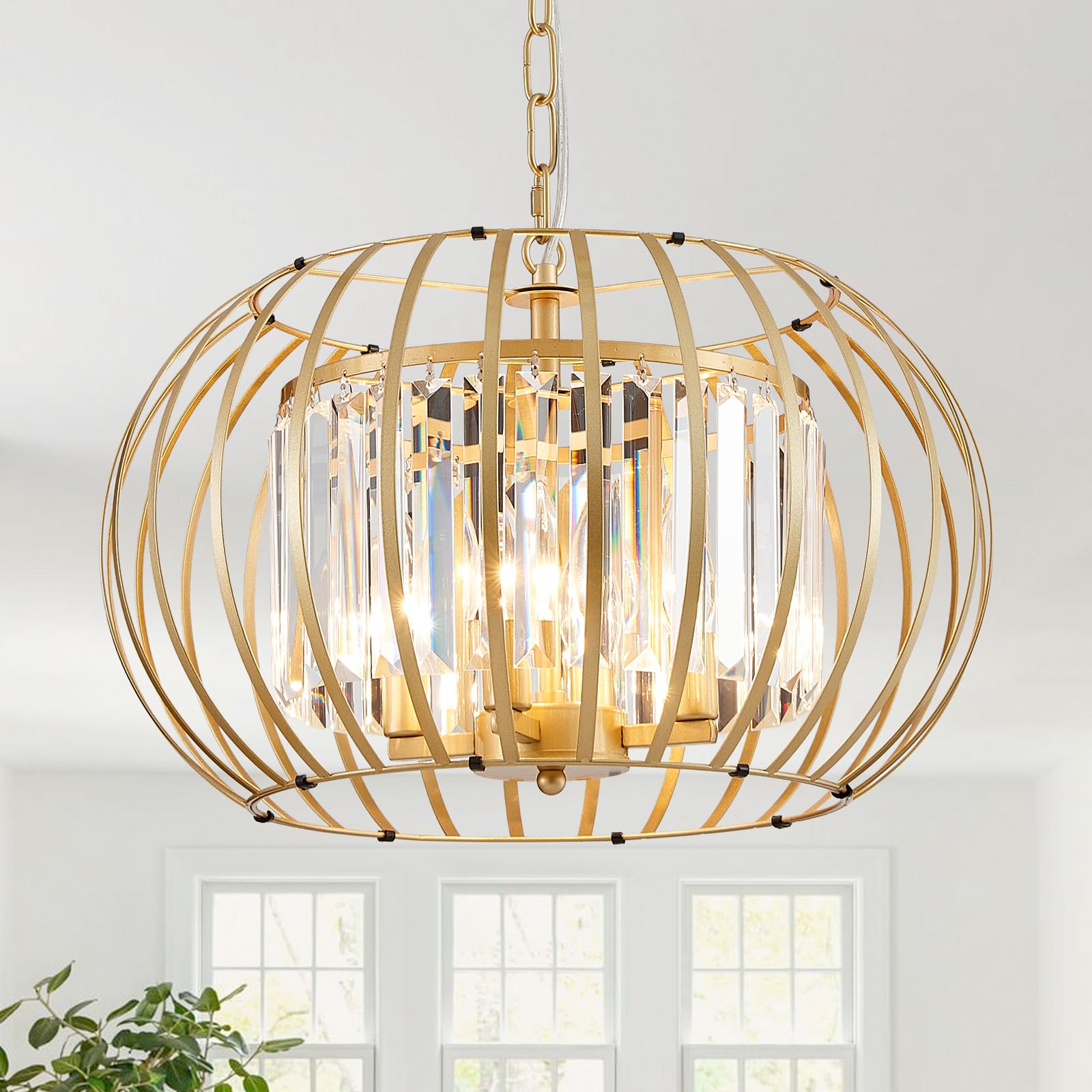 Cabvope Gold Dining Room Crystal Chandeliers 4-Light Metal Cage Pendant Ceiling Lighting Fixture, Modern Farmhouse Adjustable Ha