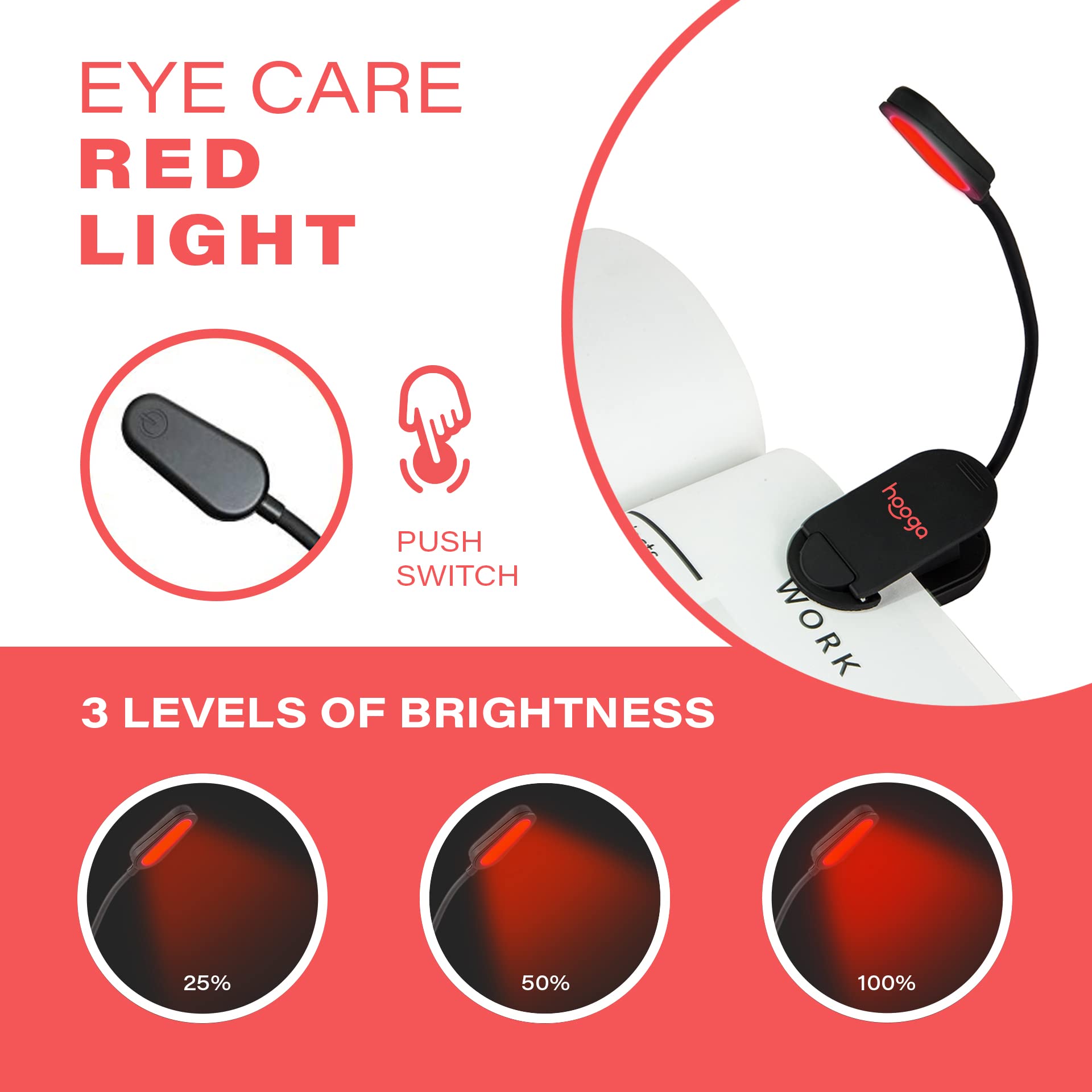 hooga Red Book Light - Rechargeable Clip On 625nm LED, Eye Care Light for Reading, Strain-Free, Perfect for Students & Travel