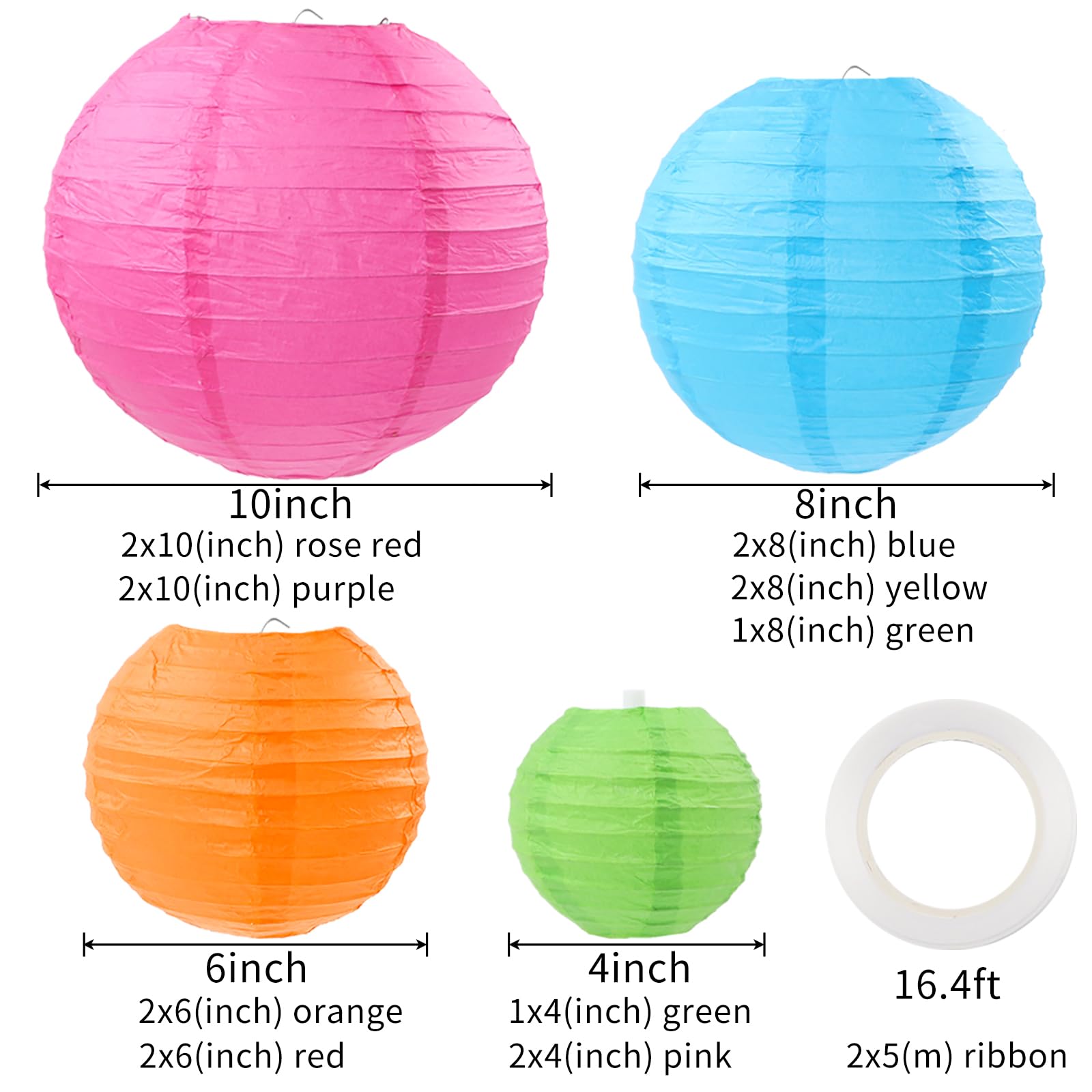 Zjhai 16 Pcs Colorful Paper Lanterns - Multi-Color Hanging Decorations For Party, Wedding, Home (Sizes: 4, 6, 8, 10 In)