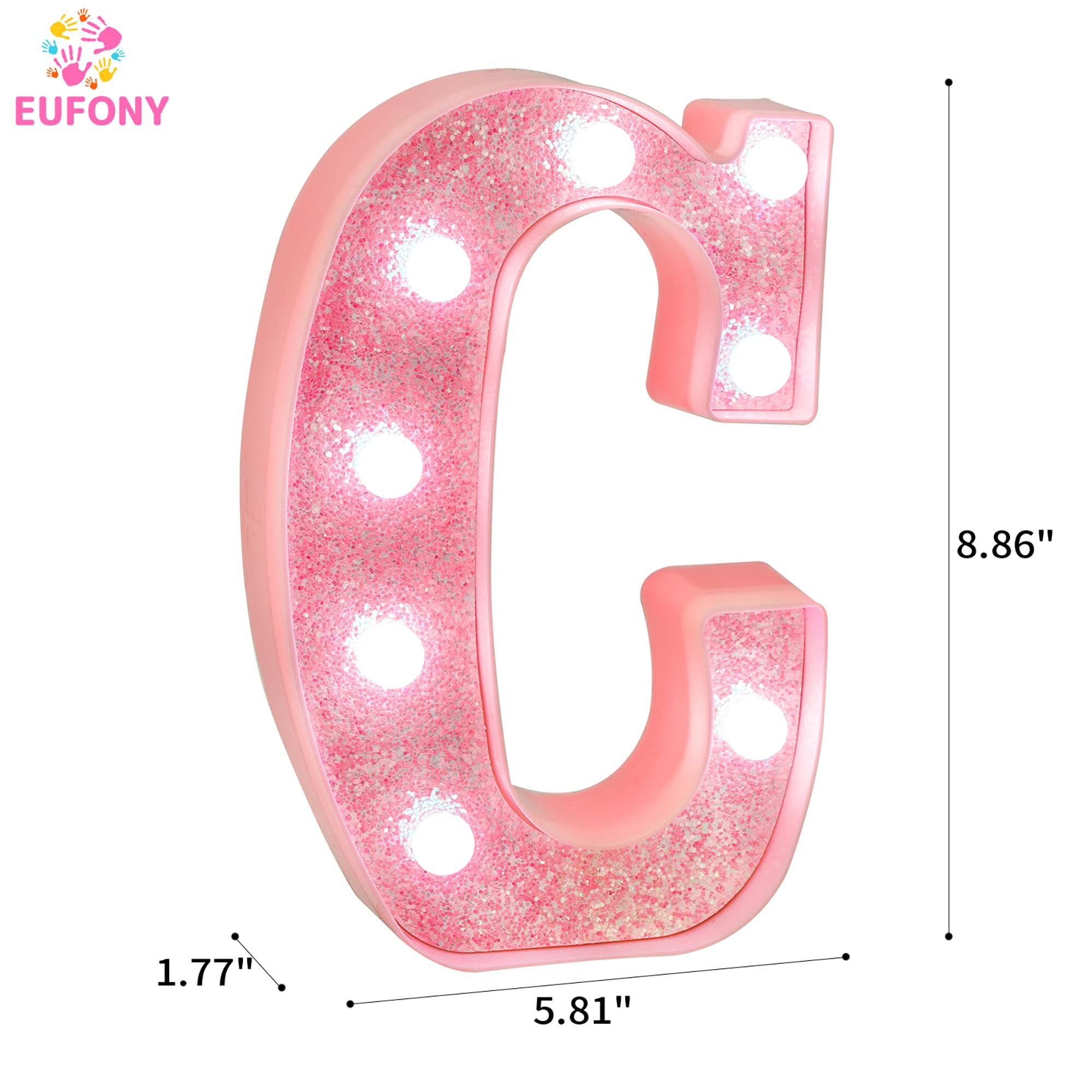EUFONY Pink Glitter LED Marquee Light Up Letter C with Cool White Lights, Battery-Powered Alphabet Letter Sign for Girls Gift, B