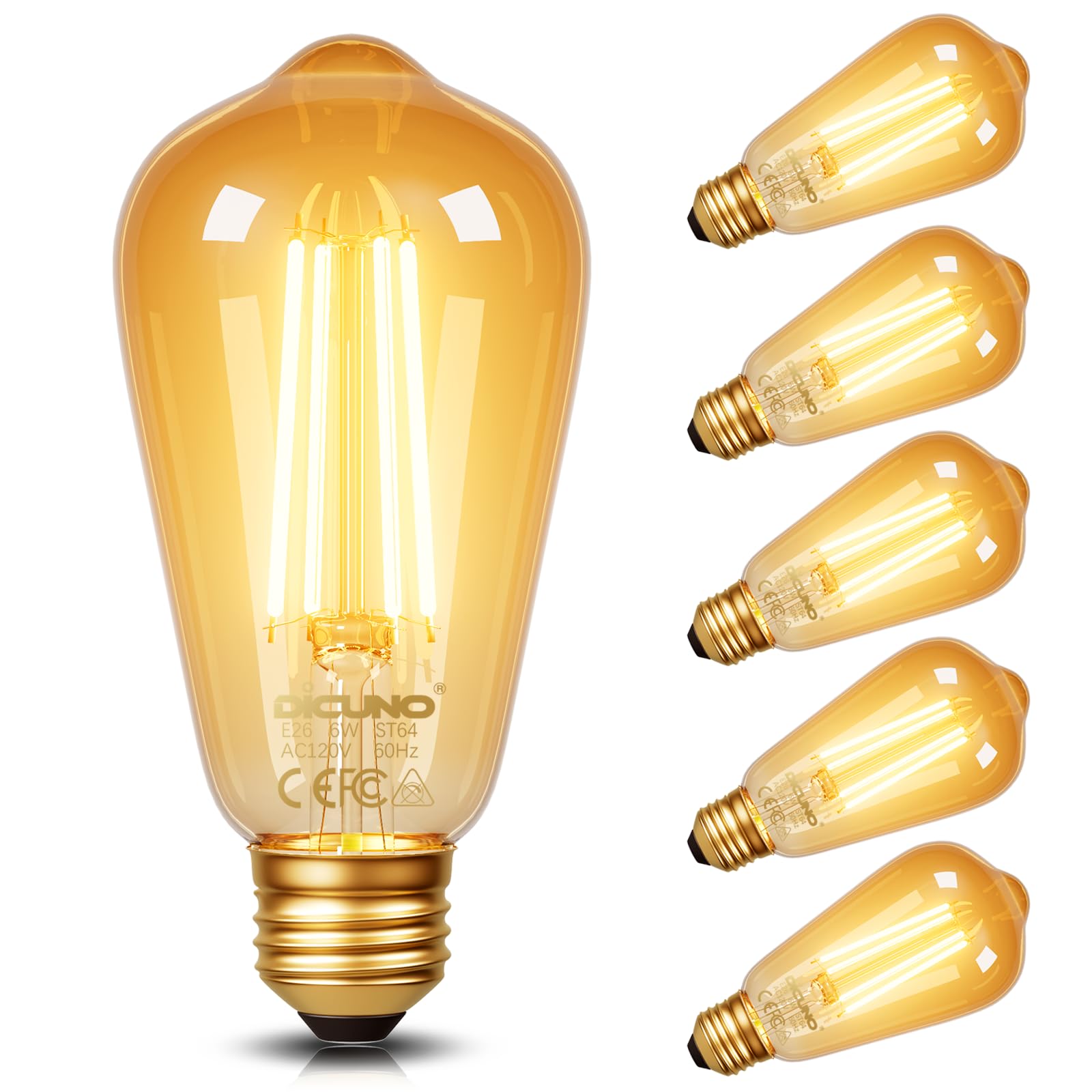 Dicuno E26 Edison Bulbs 60W, 2200K Amber Warm, 6W Led Edison Bulb St64, Amber Glass, Vintage Led Light For Home, 600Lm, Non-Dimm