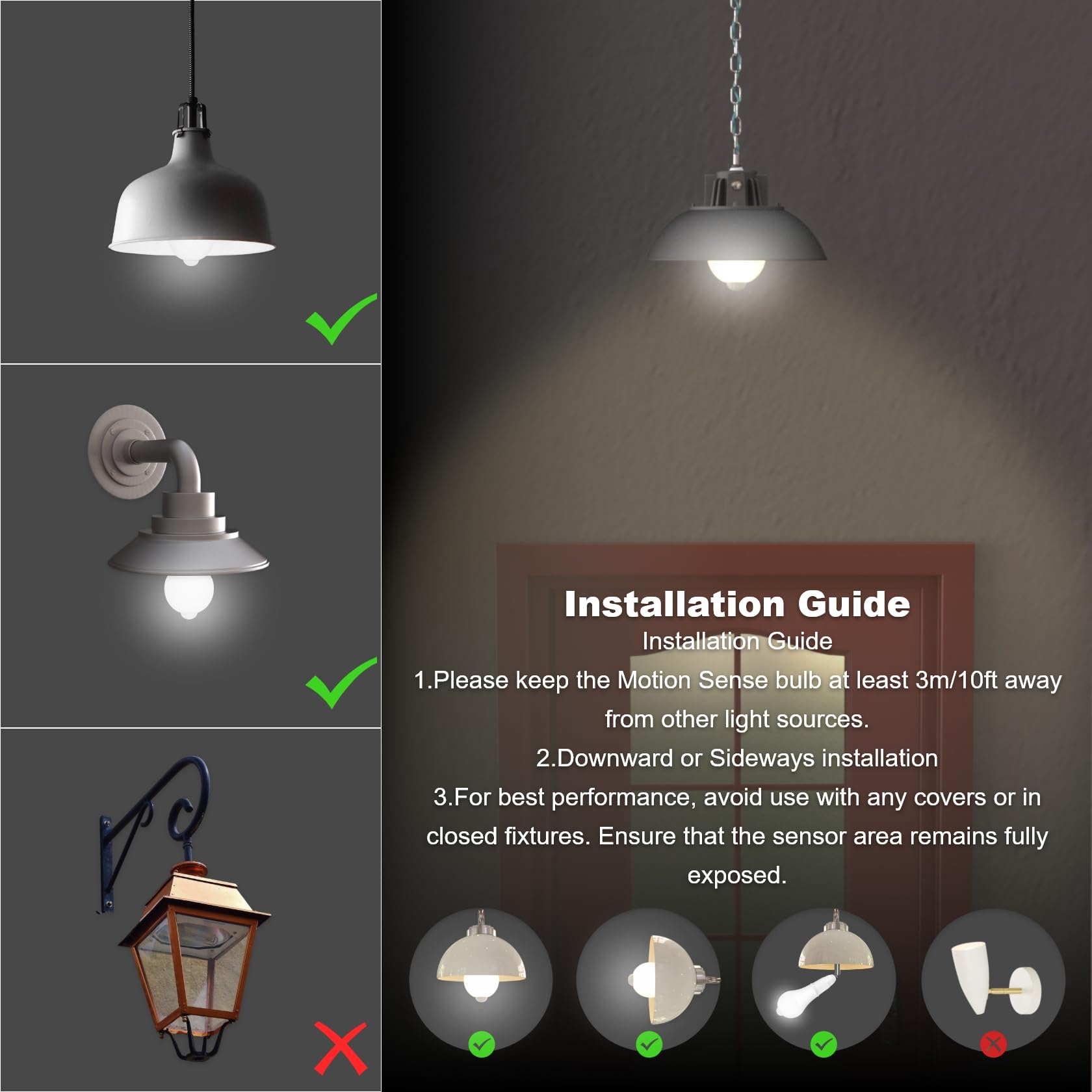 Oraluce Motion Sensor Light Bulbs Indoor Outdoor 100 Watt Equivalent, 12W Motion Activated Light Bulb 3000K Warm White, A19 E26