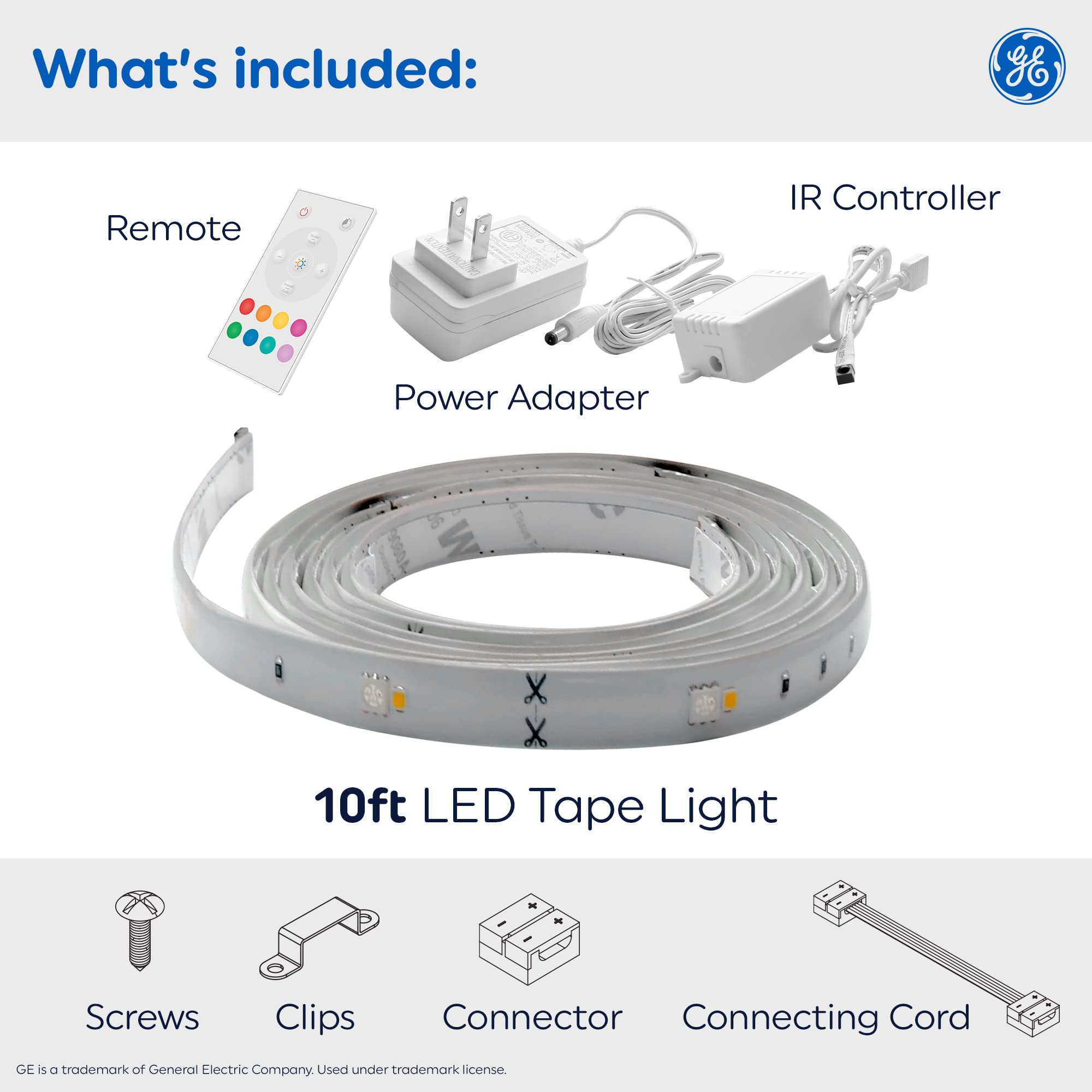 GE LED Tape Light, Indoor Color Changing Strip Light, 10ft, Plastic, Model 93129119