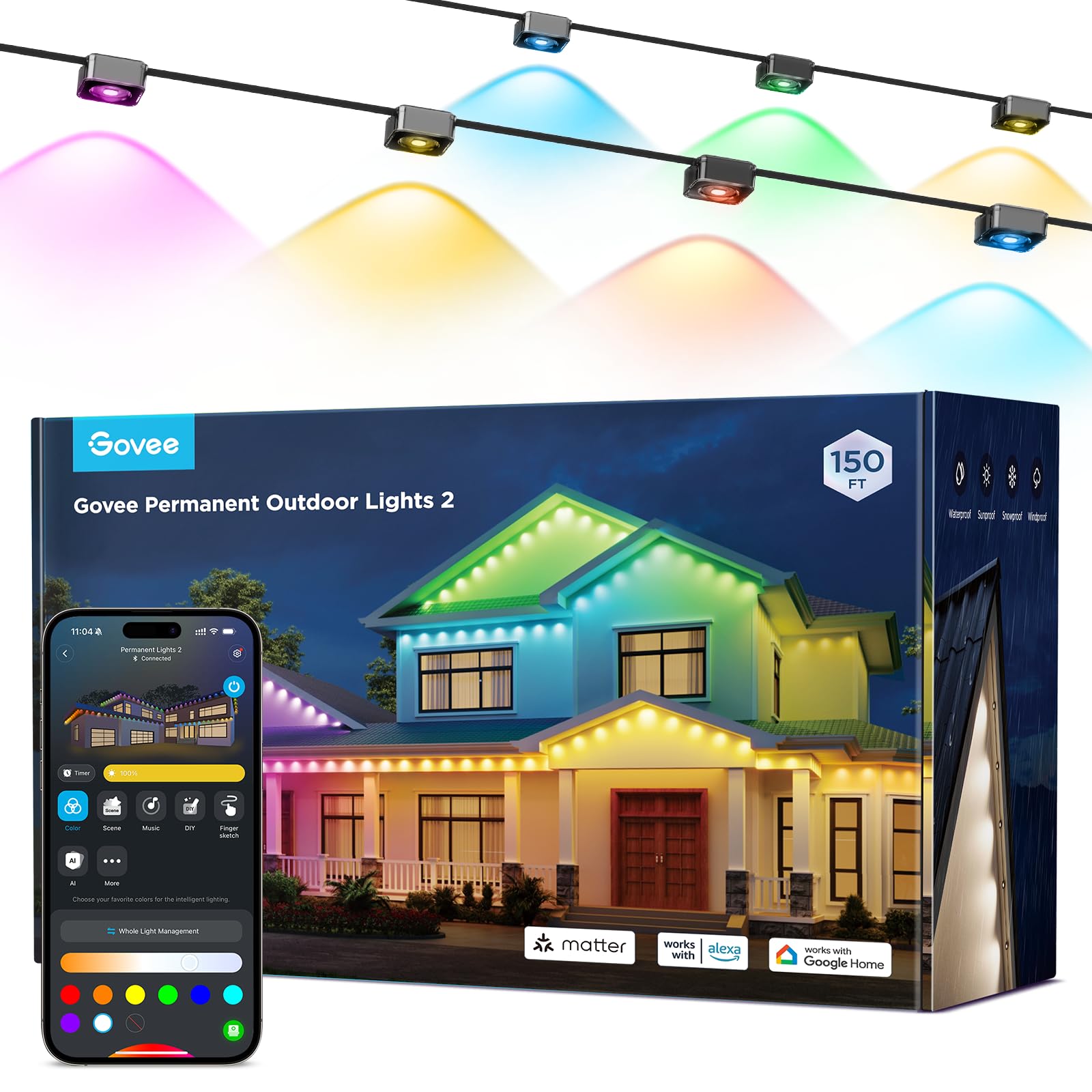 Govee Permanent Outdoor Lights 2, 150ft RGBIC Outdoor Lights with 108 LED Lights, IP67 Waterproof, 100 Scene Modes with 40lm White for Christmas Decorations, Works with Alexa, Google Assistant, Black