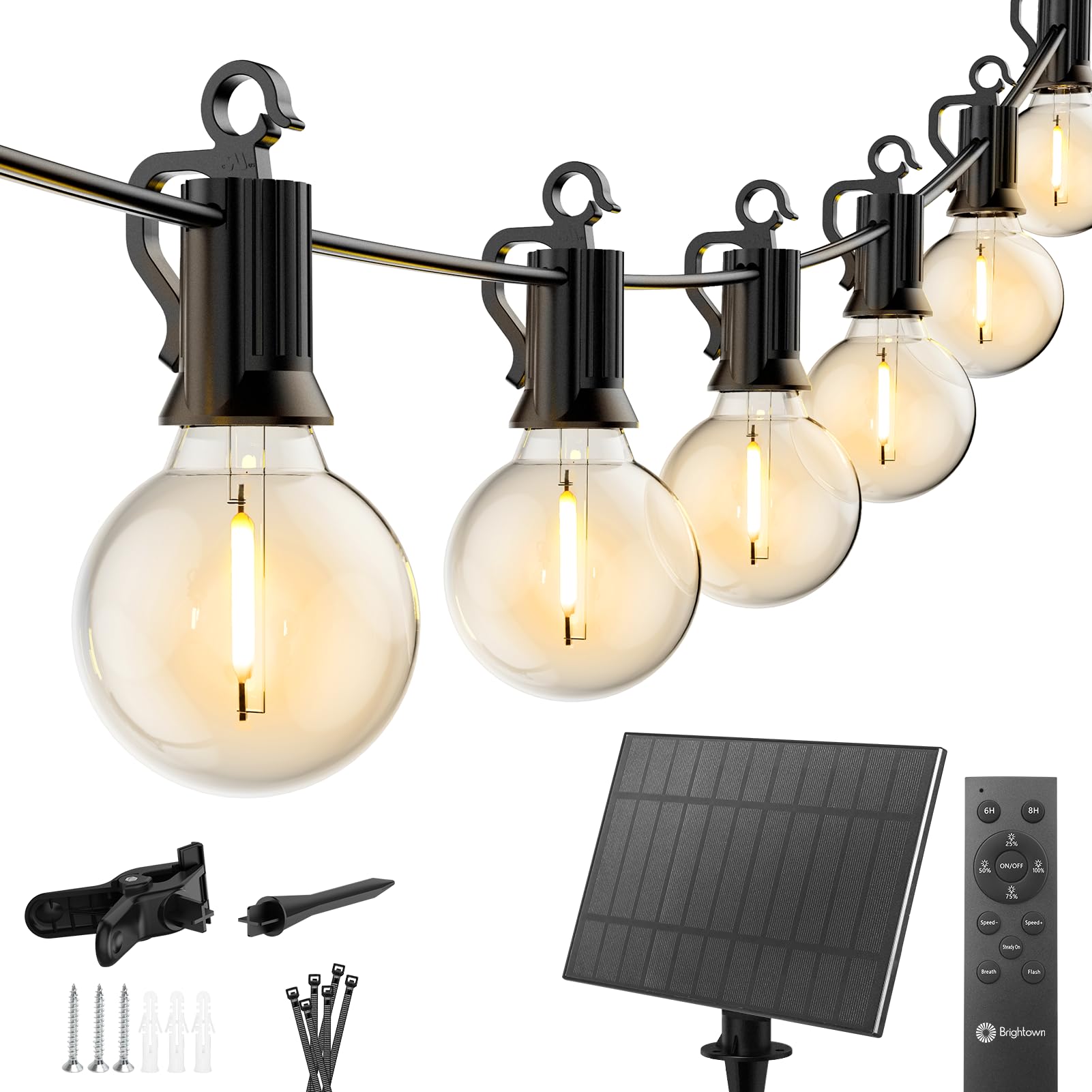 Brightown 158FT Solar String Lights Outdoor Waterproof with Remote, Solar Patio Lights with 75 Shatterproof LED Bulbs, 3 Light M
