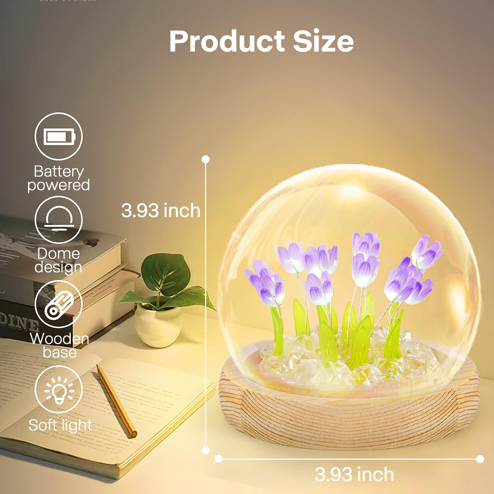 ONXE Glass Flower Night Light Lamp with Wooden Base, Purple Battery Powered Decor for Home, Unique Gift for Mom, Christmas, Birthday