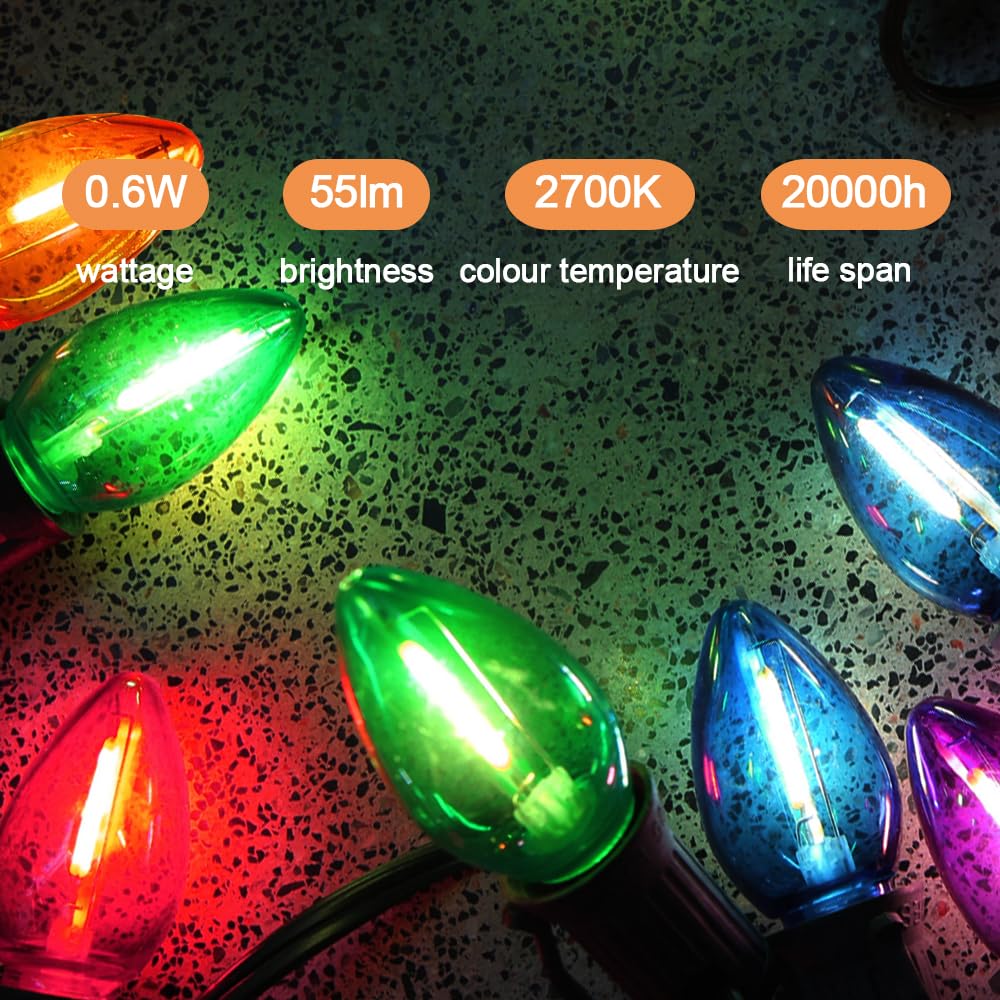 Neteha 25 Pack C7 Multicolor Led Replacement Christmas Light Bulb, C7 E12 Base 120V Waterproof Led Bulbs For Christmas Outdoor S