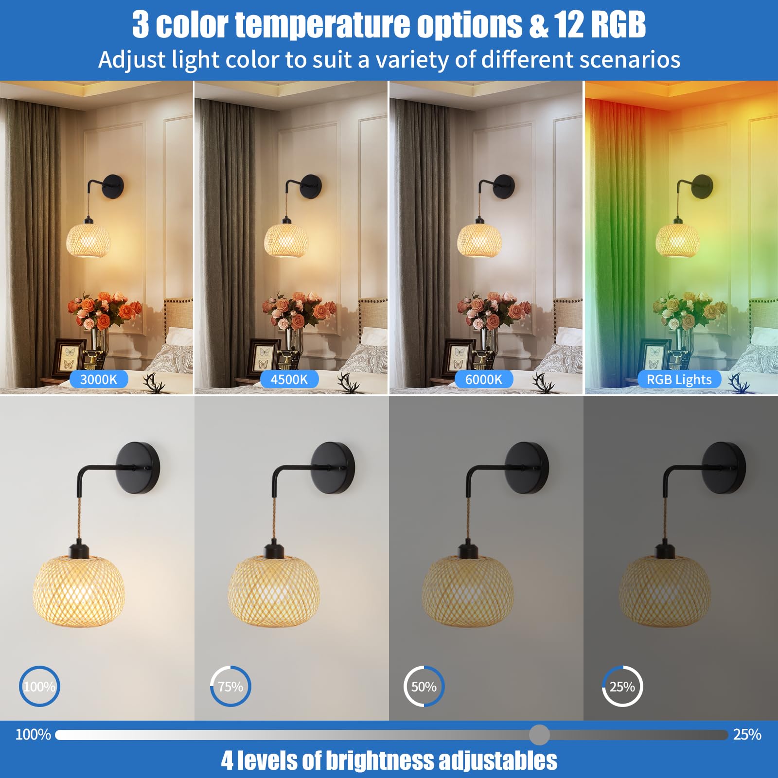 Vitnucrol Battery Operated Wall Sconce Set Of Two, Bamboo Rechargeable Wireless Sconces With Remote, Dimmable Non-Hardwired Farmhouse Boho Wall Lights For Bedroom Living Room (Black)