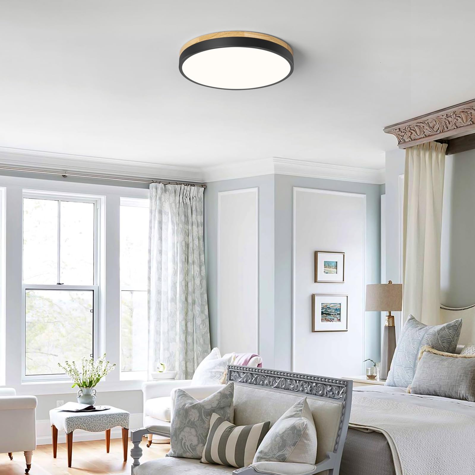 Vikaey Modern Wood Led Ceiling Light Fixture, Minimalist Black Flush Mount Ceiling Lamps, Round Ceiling Lighting Fixtures For Be
