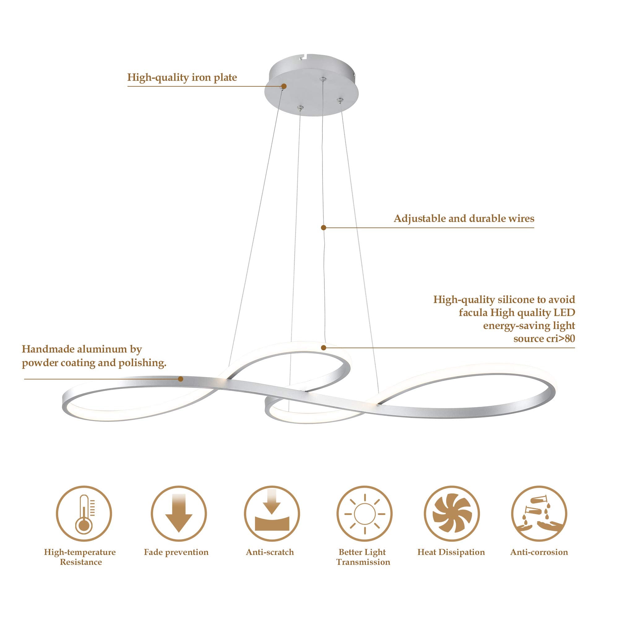 SUNMOO Modern LED Chandelier, Dimmable 60W, Remote Control, Adjustable Color/Brightness 3000-6000K, Silver, for Dining Room, Bedroom, Kitchen