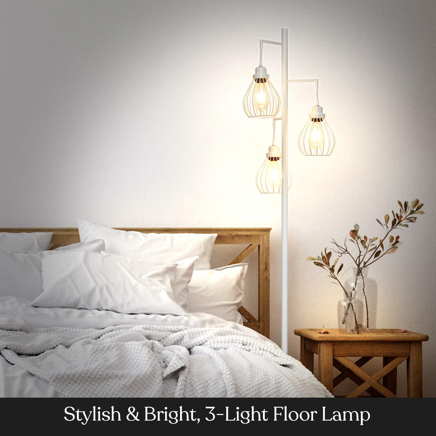 Brightech Teardrop LED Floor Lamp - Elegant Metal Cage Design, Tall White Standing Lamp for Living Rooms & Offices, Model FL-TRDRP-WHT