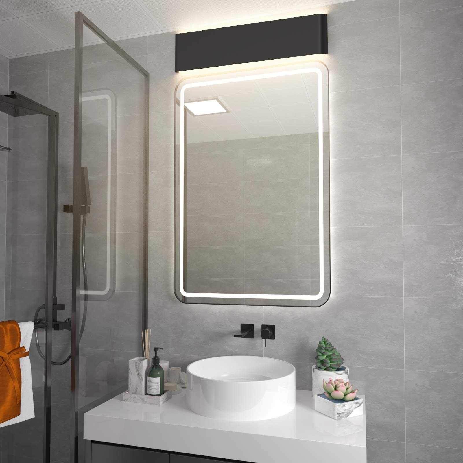 Aipsun 20W LED Wall Sconce, 24" Rectangular Black Indoor Light, Warm White 3000K, Aluminum, Model Ca-A065-61-BL-3000K