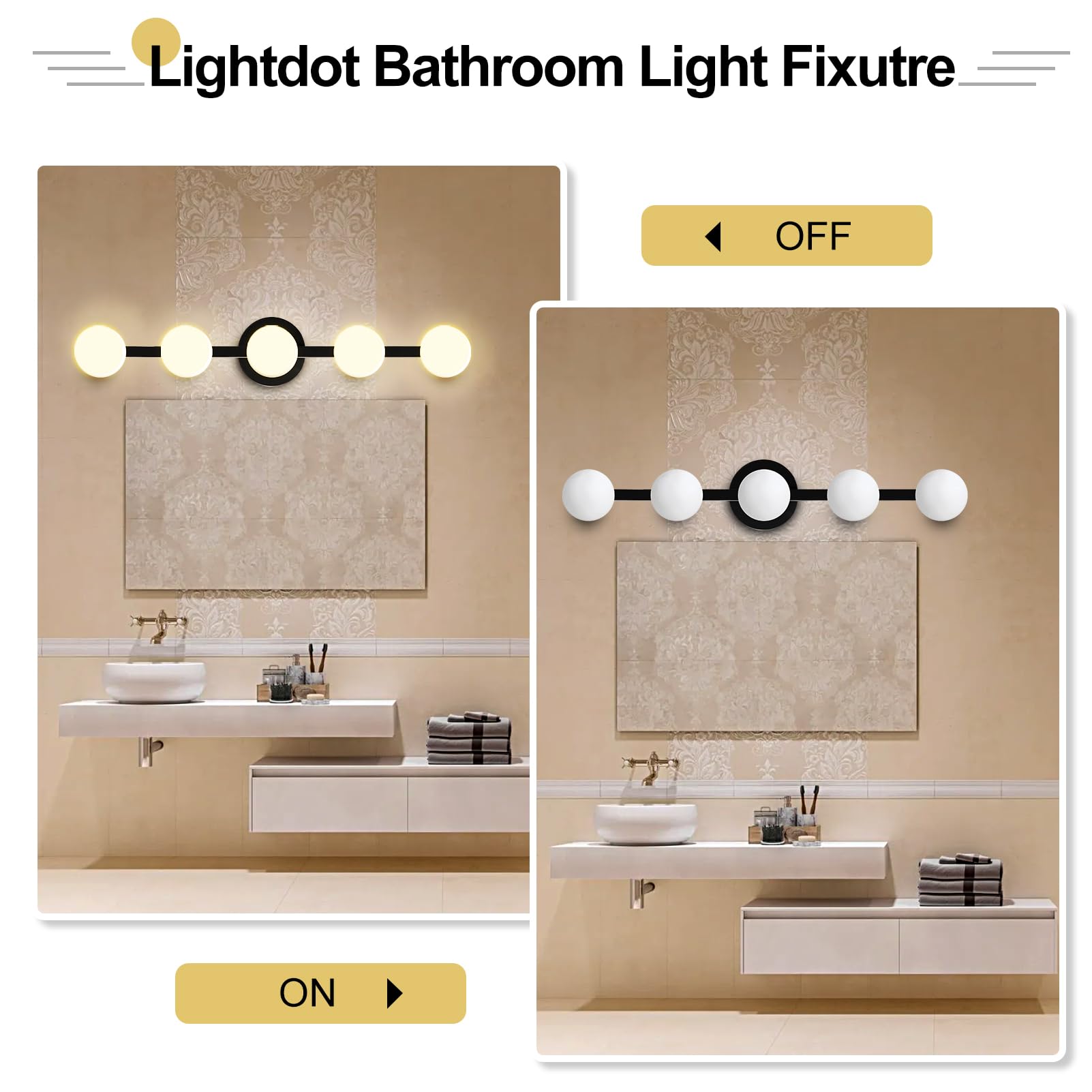 Lightdot 31in 5-Light Vanity Light | Matte Gold Frame, Dimmable, Shatterproof Shades | 5L-Globe Black