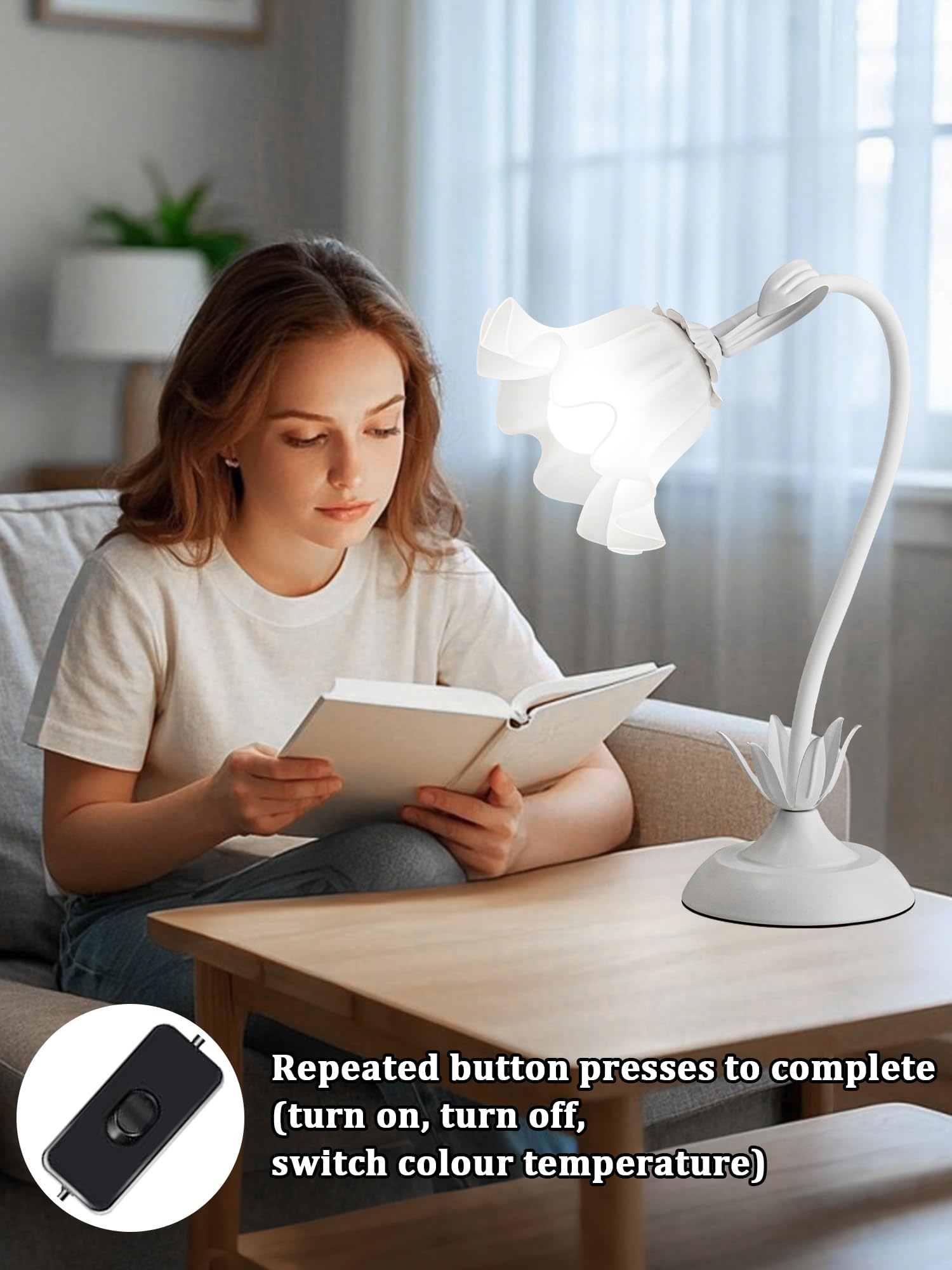 WULCFCH Flower Table Lamp, Vintage Lily of The Valley, Adjustable Gooseneck, LED, 3 Color Modes, White