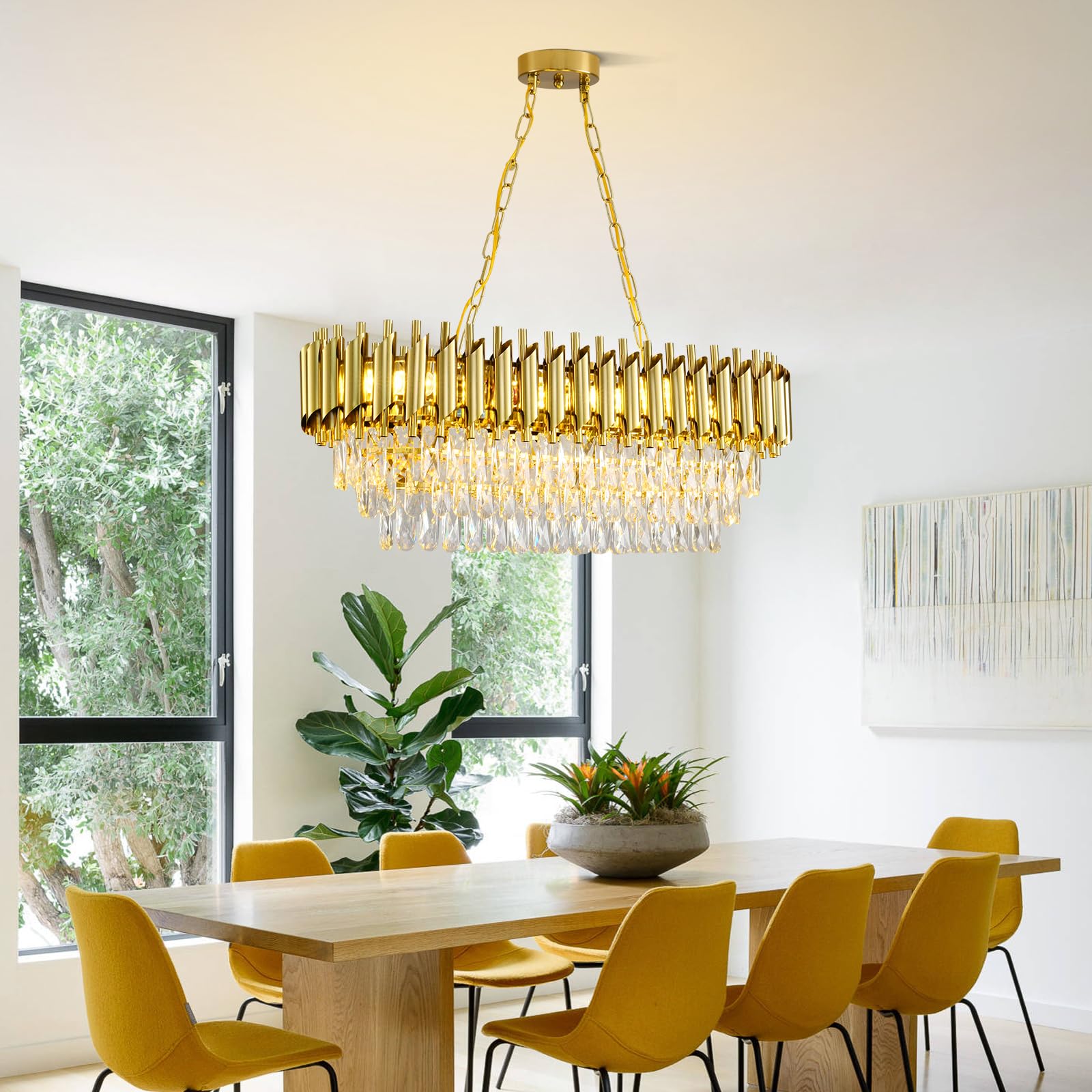 AKDXIRUN 8-Light Modern Gold Crystal Chandelier, 32in Rectangular Pendant Light for Dining Room, Living Room, Kitchen Island, Brass Gold