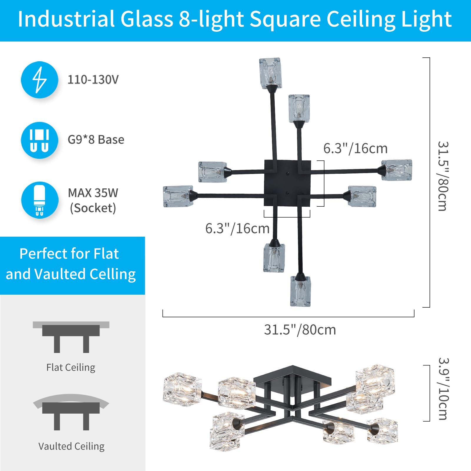XINGQI Sputnik Chandelier 8-Light Black Semi Flush Mount Ceiling Light for Dining Room, Living Room, Kitchen, Bedroom