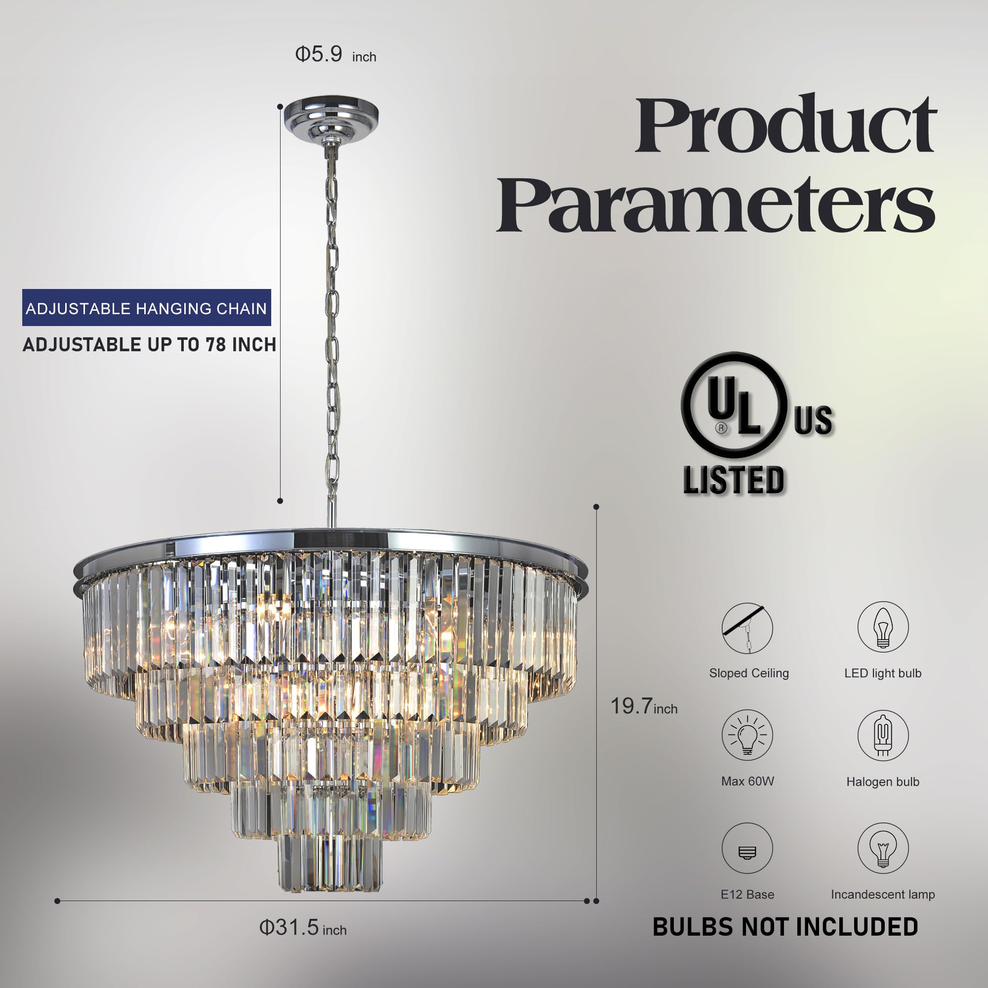 Meelighting 16 Lights Crystal Chandelier Modern Chandeliers Lighting Pendant Ceiling Light Fixture 5-Tier For Dining Room Living Room Bedroom W31.5'' Chrome Finished