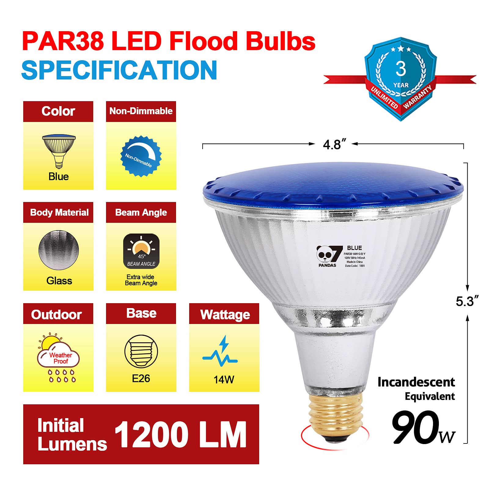 7Pandas Led Blue Light Par38 Flood Light Bulbs, 1200 Lumen For Porch True Color Full Glass Outdoor Waterproof Led Lights, E26 Ba