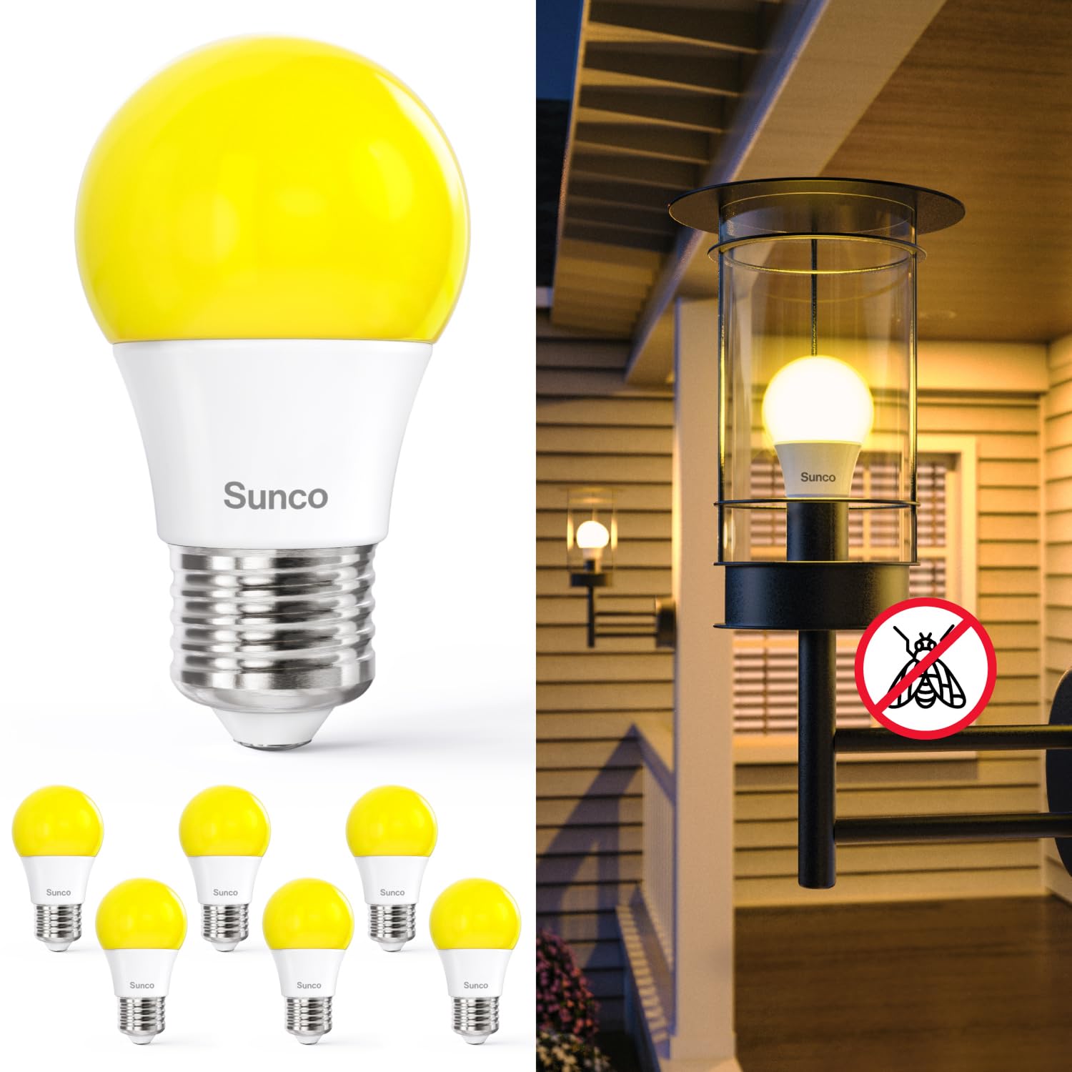Sunco LED Bug Light Bulbs Outdoor A15 Yellow Bug Repellent Porch Light 8W Dimmable 2000K Amber Glow, E26 Medium Base, Instant On