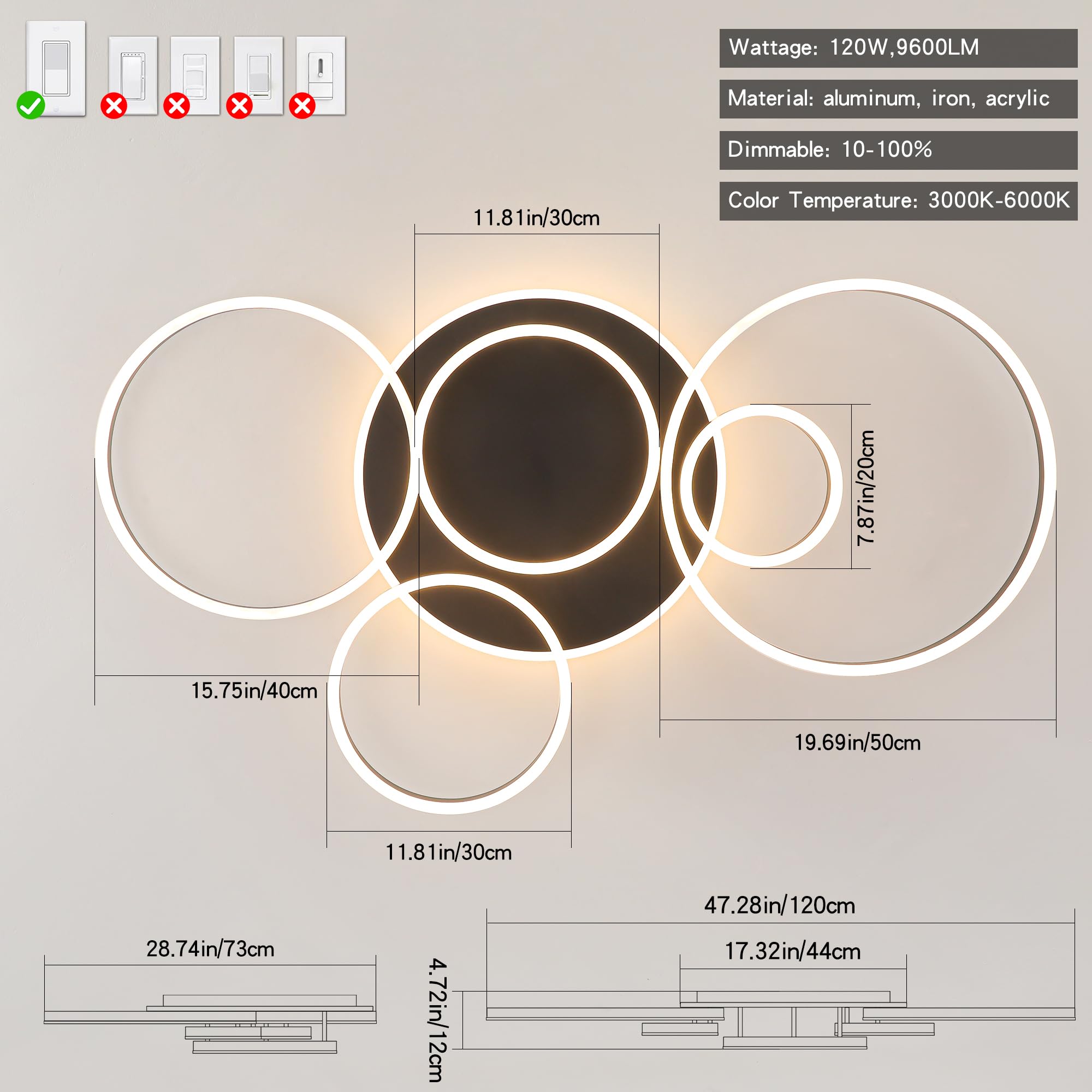ONEELDY Black LED Flush Mount Ceiling Light, Dimmable, 47in Round 6 Rings Fixture for Dining Room, Living Room, Bedroom