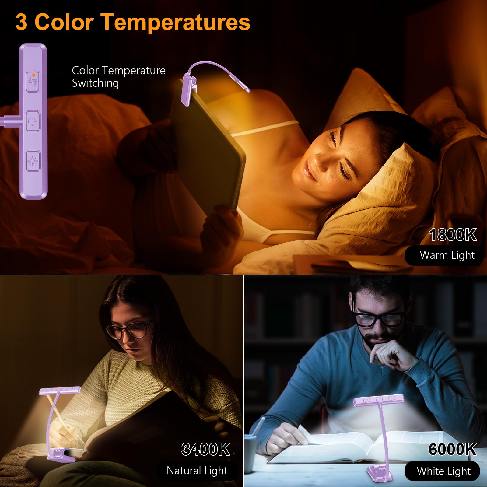 Gritin Rechargeable Book Light, 3 Color Temperatures, Stepless Dimming, 80 Hrs Runtime, 11.1 x 10 x 3.8 cm, Purple,