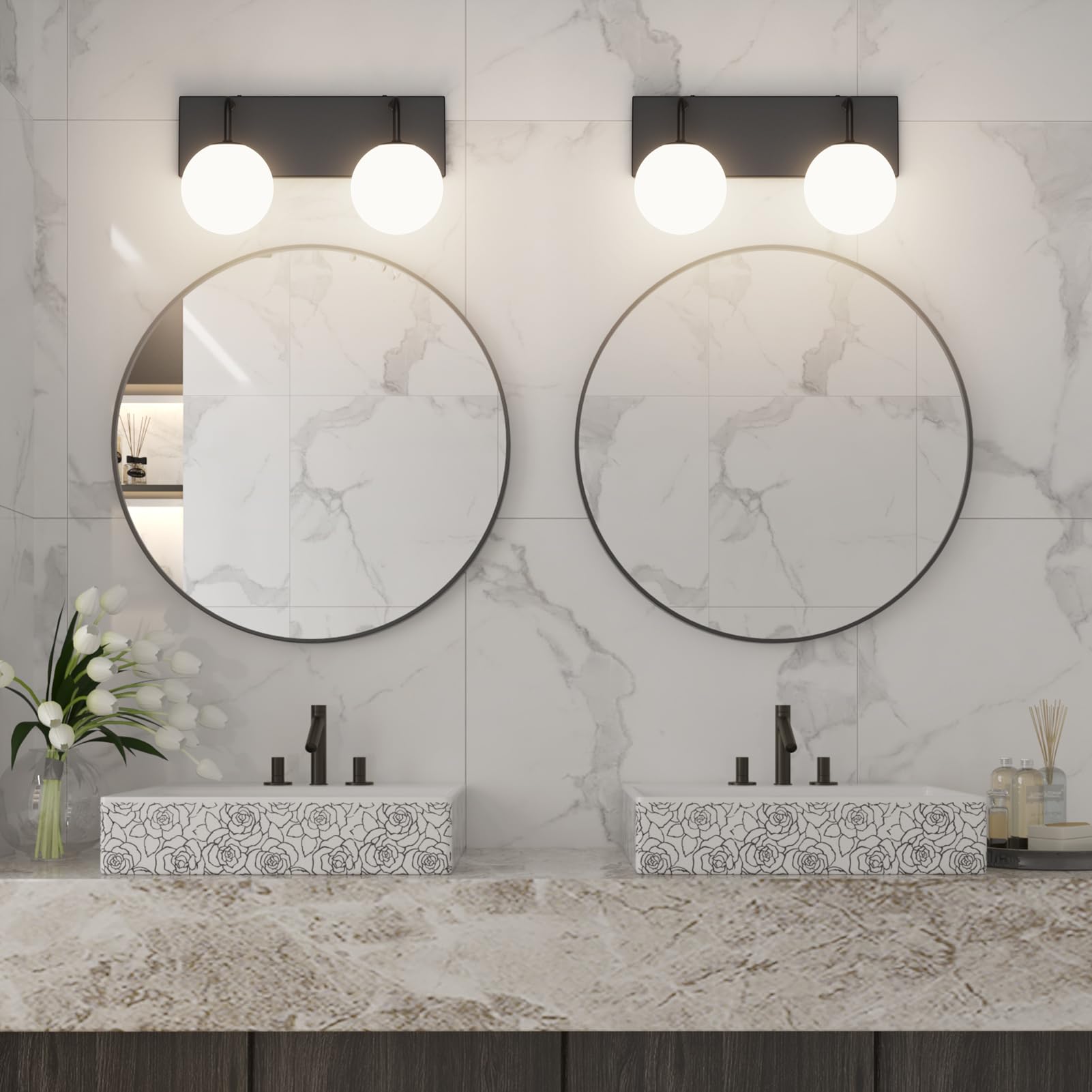 Tipace 2-Light Black Vanity Light Fixtures, Modern Bathroom Light with Milk White Glass, 14.2 inch, Model 1130
