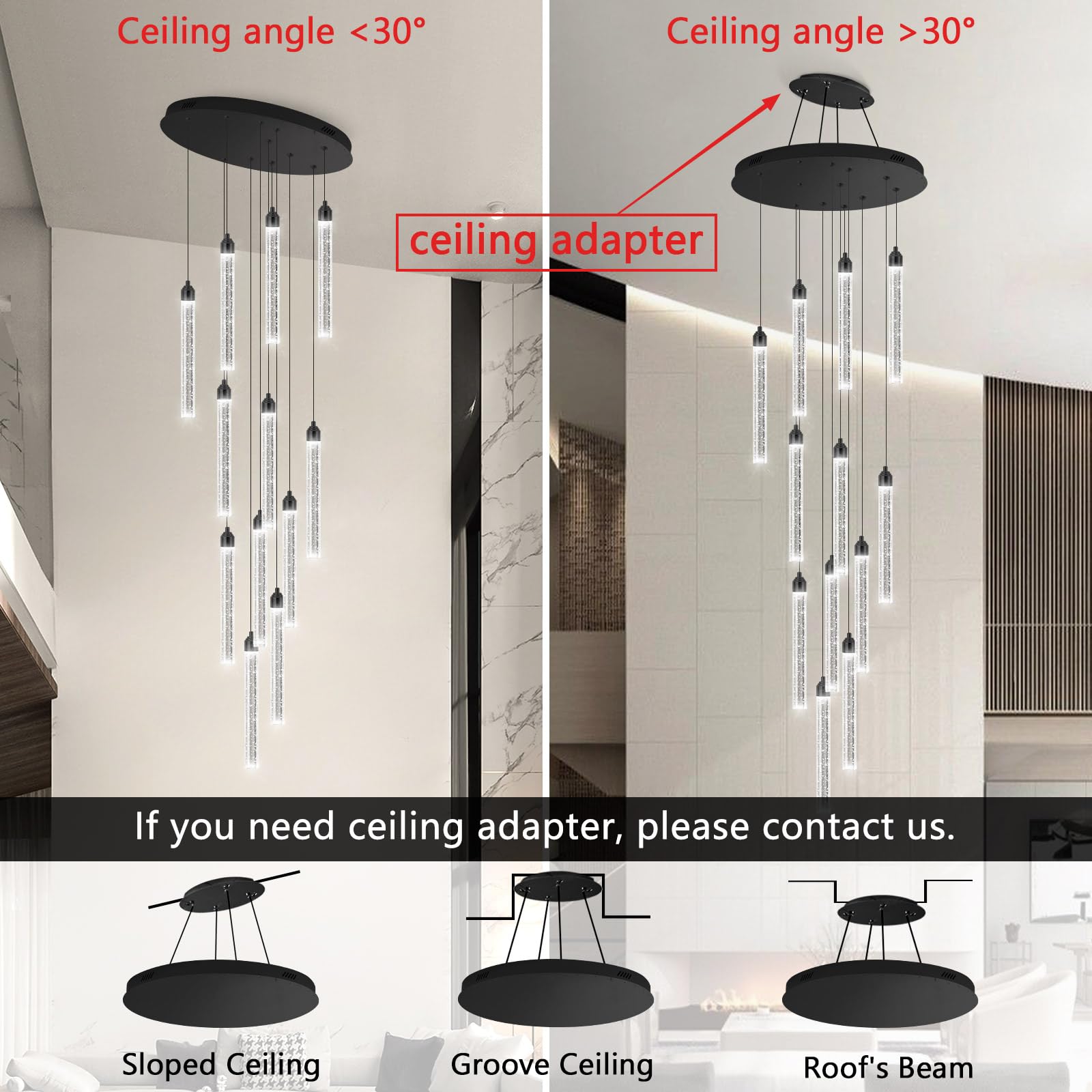 dolria 12-Lights Black Chandelier - Dimmable Modern Flush Mount Crystal Pendant Light for High Ceilings, Model PC0008