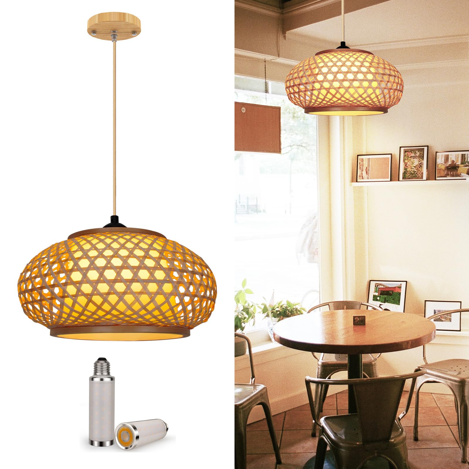 Yiizon Pendant Light Rattan Hanging Lights With Up/Downlight Led Spotlight Bamboo Hanging Lamp, Handmade Woven Boho Wicker Basket Lamp Shade Ceiling Light Fixture For Living Room Bedroom Kitchen