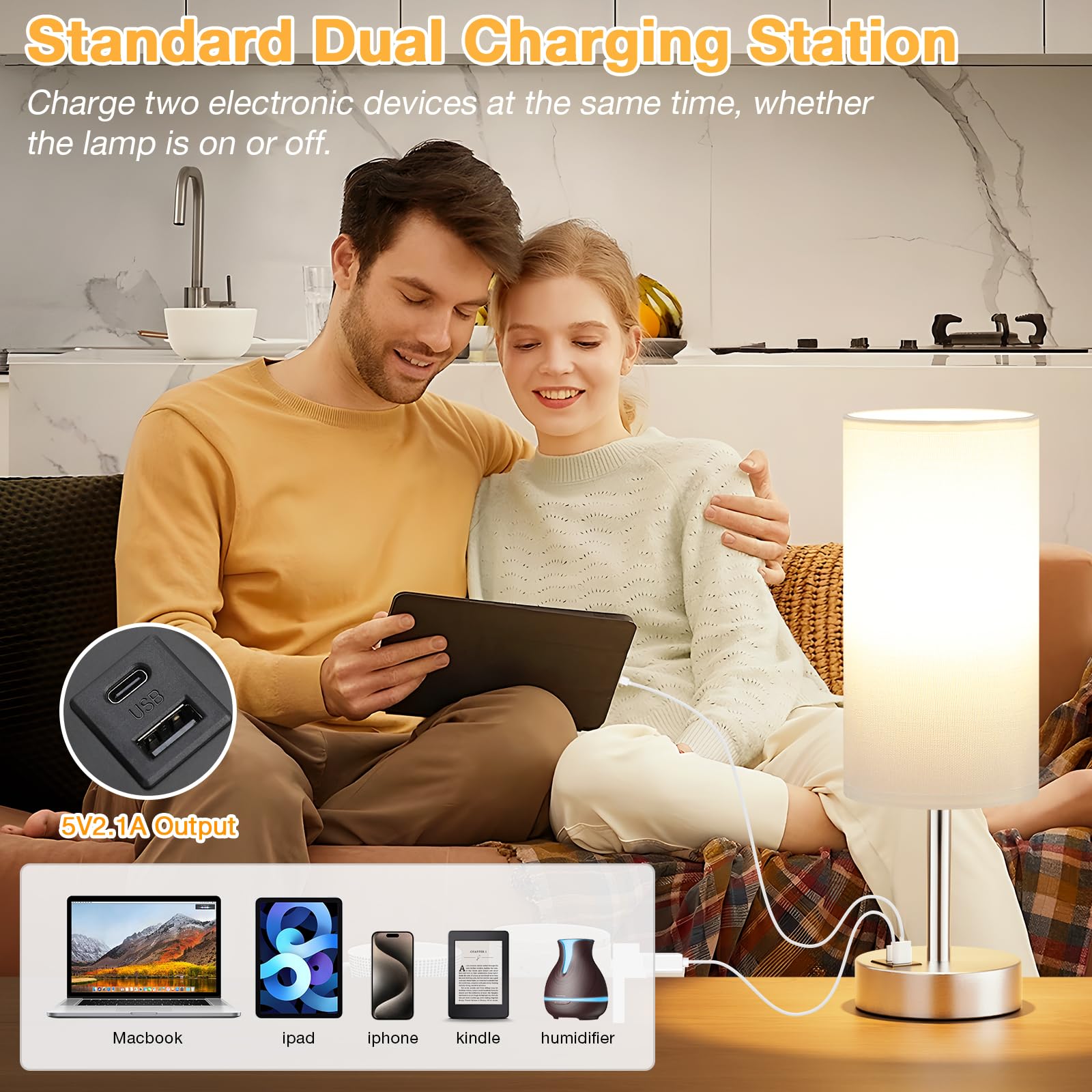White Touch Bedside Lamp With Usb - 3 Way Dimmable Table Lamp For Bedroom, Nightstand Lamp With Nickel Charging Station And Silv