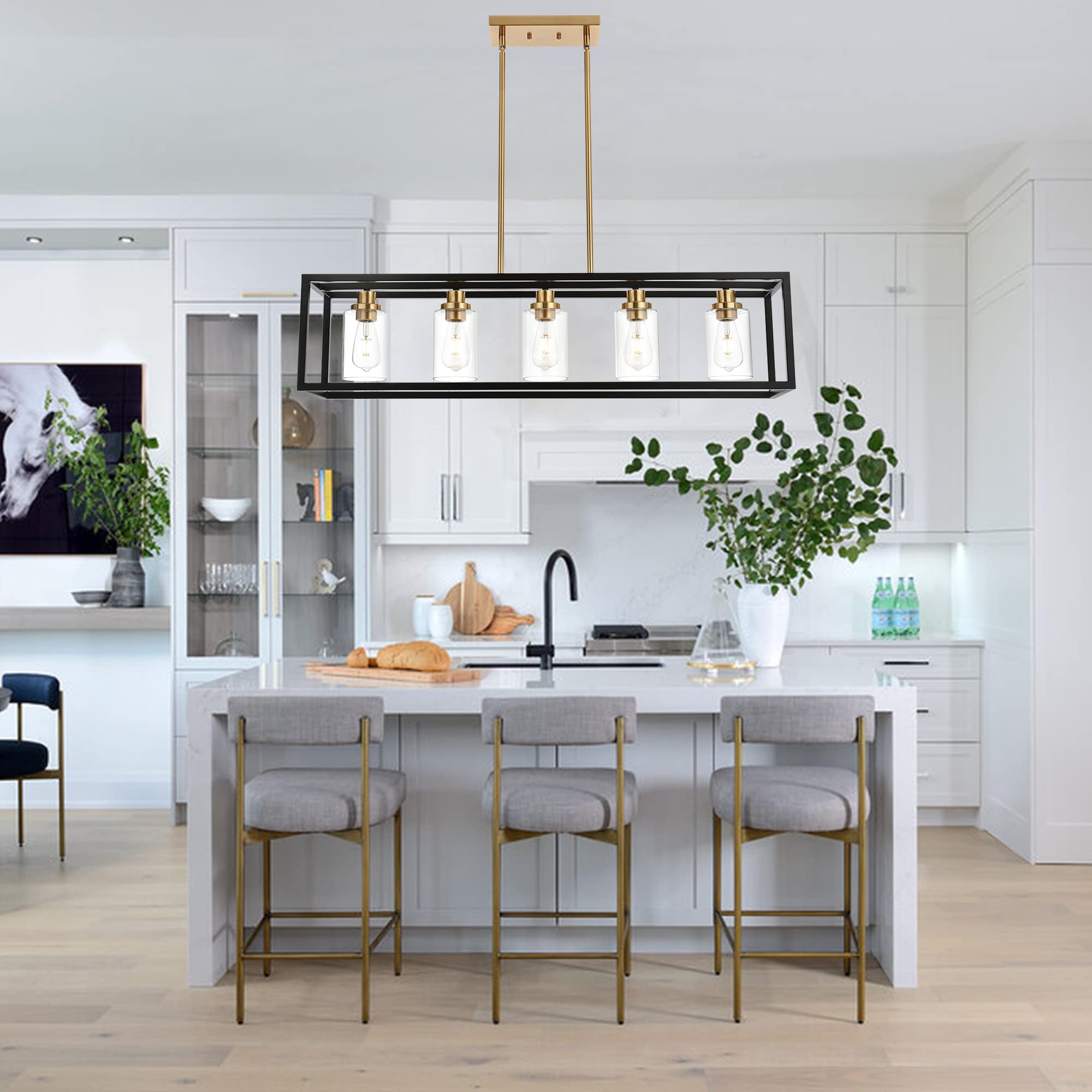 MELUCEE Black Rectangle Chandelier - 5 Light Linear Pendant Fixture, 36.2" Metal with Clear Glass Shade and Brushed Brass Socket