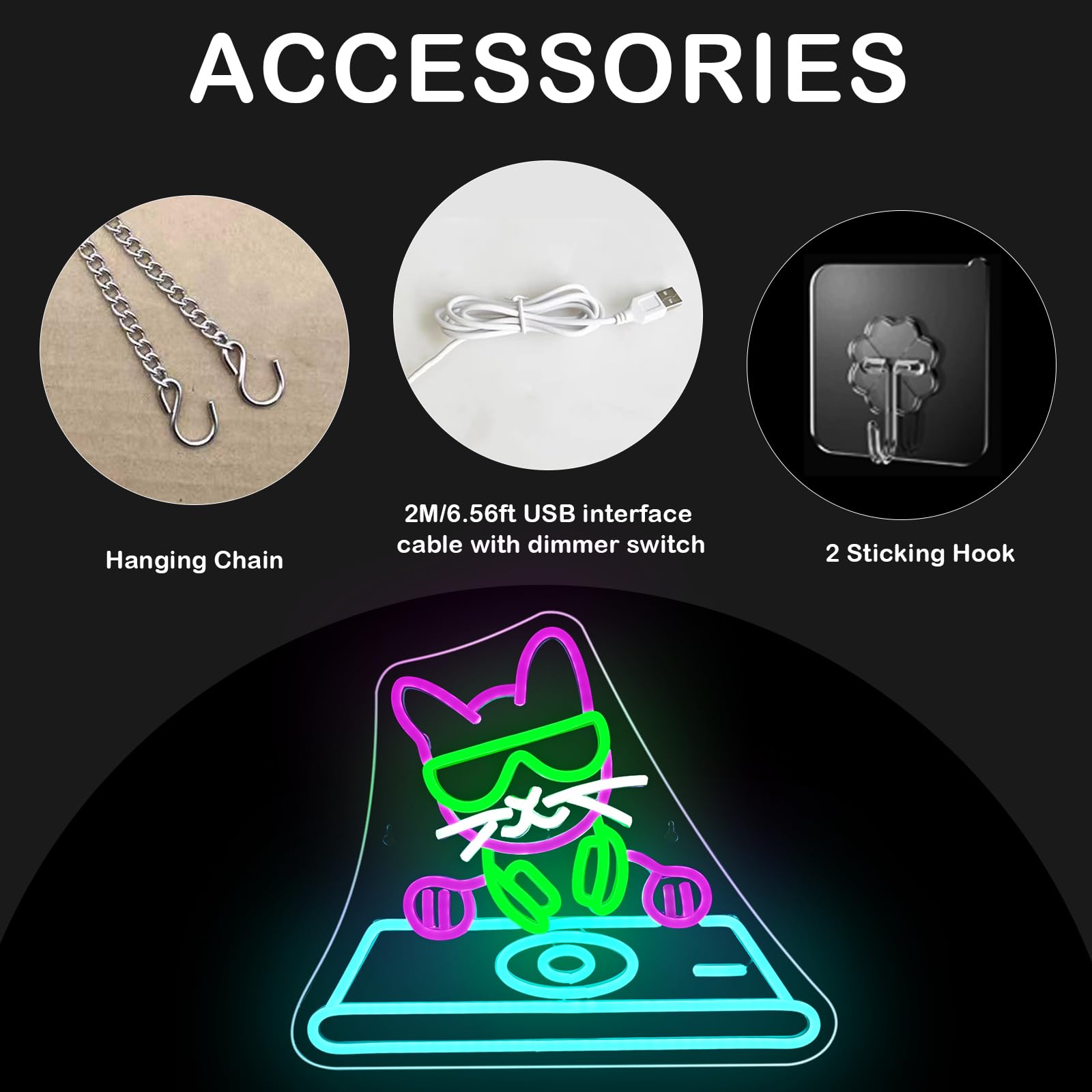 Wanxing DJ Cat Neon Sign, USB Powered, Dimmable, 14.9inx12.6in, Colorful for Home, Party, Office, Bedroom, Bar, Music Studio