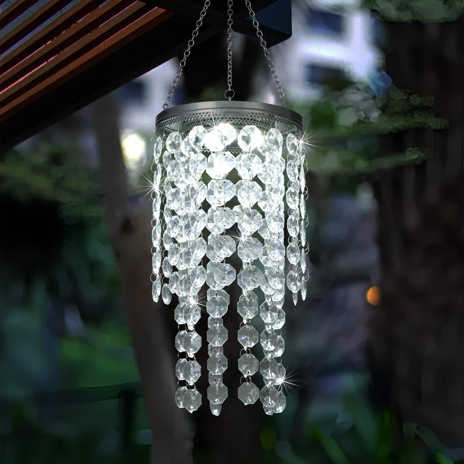 Hanging Solar Crystal Chandelier Outdoor, 21    Modern Solar Transparent Acrylic Beaded Lantern With Cool White Led S Hooks For 