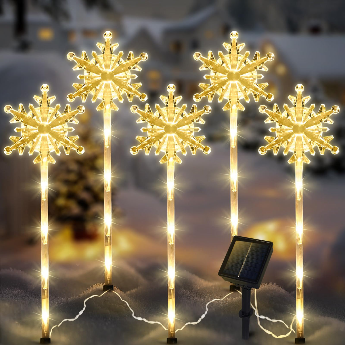 5 Pcs Acrylic Snowflake Christmas Solar Pathway Stakes Lights Outdoor Waterproof, 8 Modes Solar Christmas Decorations Outdoor Ya