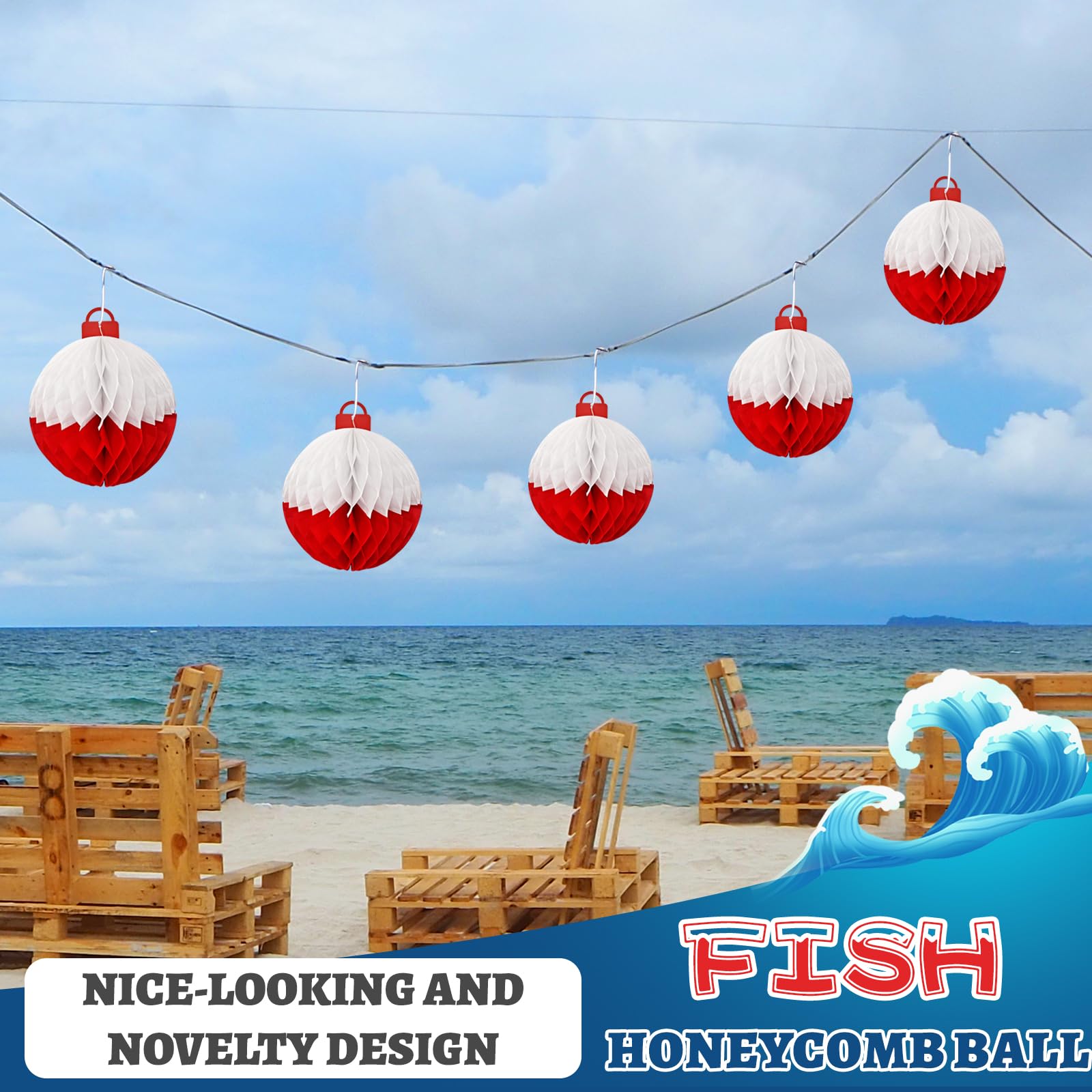 12Pcs Fishing Themed Paper Honeycomb Ball Decorations Lanterns, Red & White For Fishing Party, Birthday, Fishermen Themed, Table