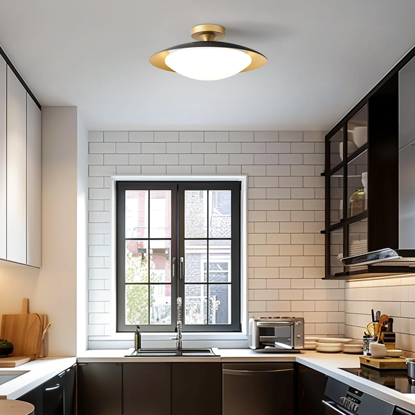 Dimmable Modern Mid-Century Ceiling Light, Black And Gold Led Semi Flush Mount Ceiling Light, 5Cct 2700K-6000K Lighting Fixture Ceiling Lamp With Acrylic Shade For Bedroom Kitchen Living Room, 15.8In