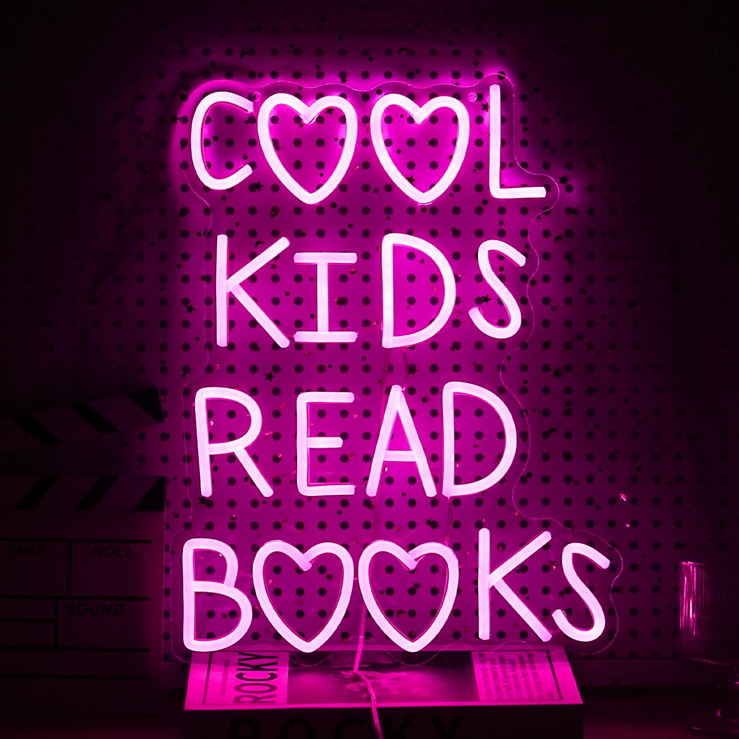 GNVETZLL Neon Sign - Cool Kids Read Books Light, Dimmable, USB Powered, Pink Acrylic, 16.3 x 12.4 In for Classroom & Kids Room Decor
