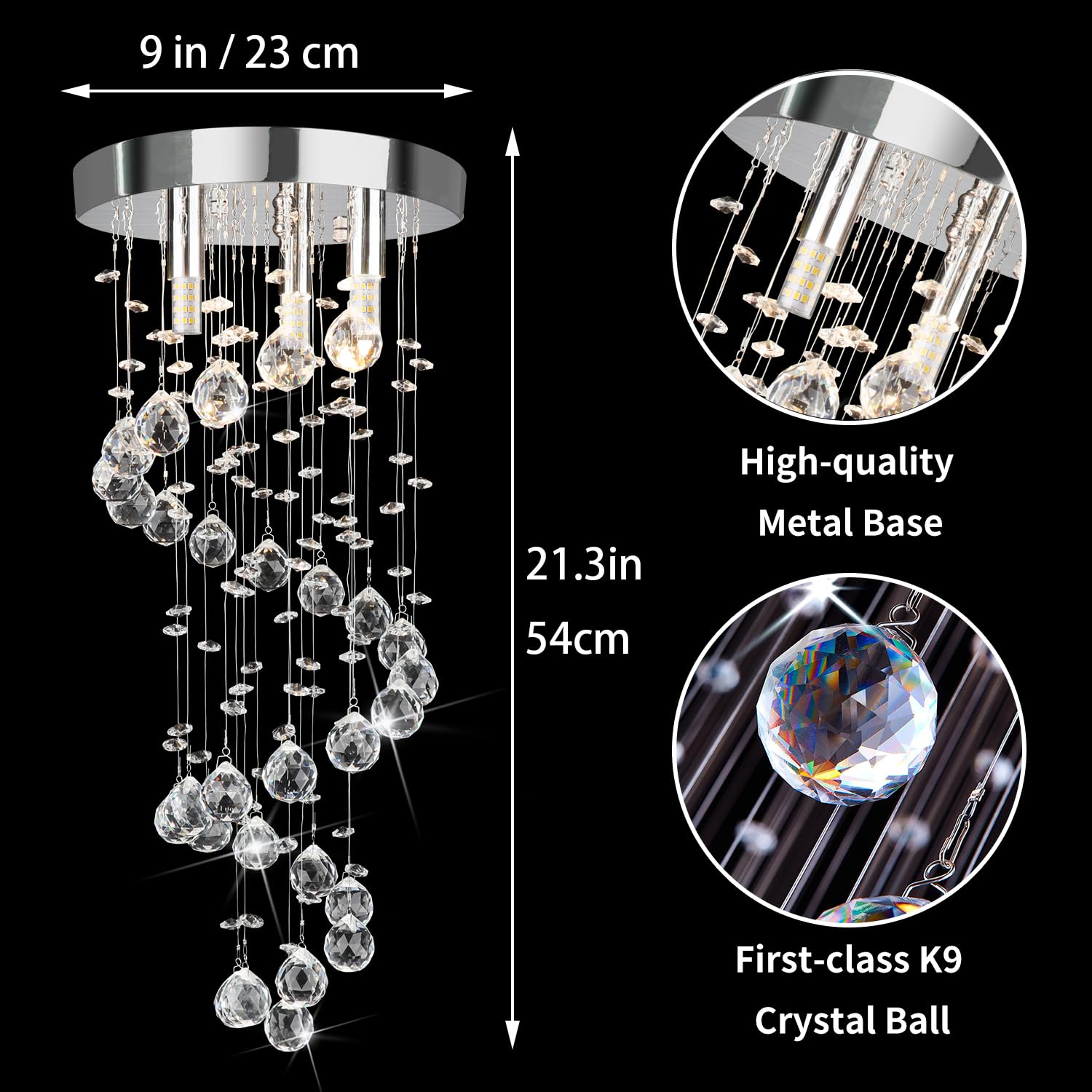 Crystop Modern Crystal Chandelier Pendant Light Fixture, 3-Lights Raindrop Design, 21.3&quot; H
