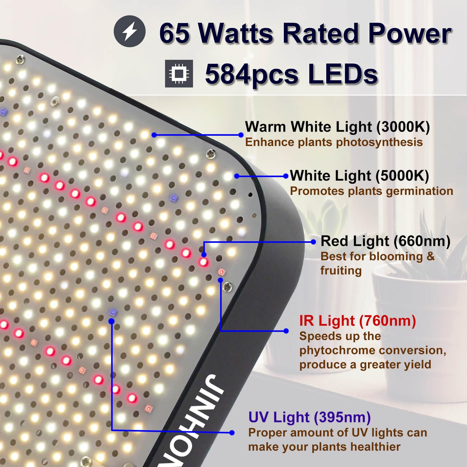 JINHONGTO 2-Pack 65W Dimmable LED Grow Lights, Full Spectrum, Black & White, Model ABS CR600 for Indoor Plants