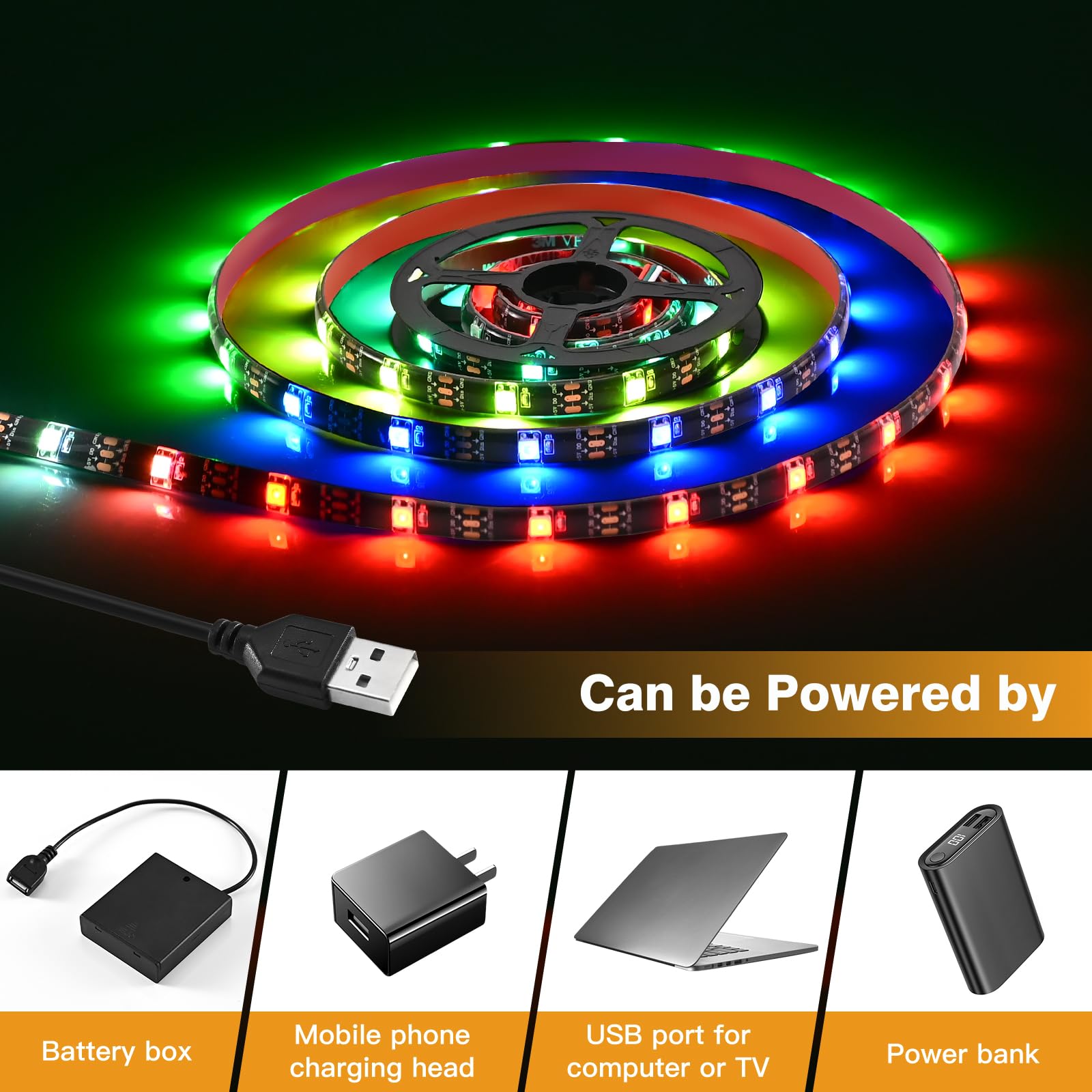 Battery Powered Led Strip Lights Waterproof, 85 Modes Chasing Multi Color Usb Led Light Strip Outdoor Indoor, 6.6Ft Smart Flexib