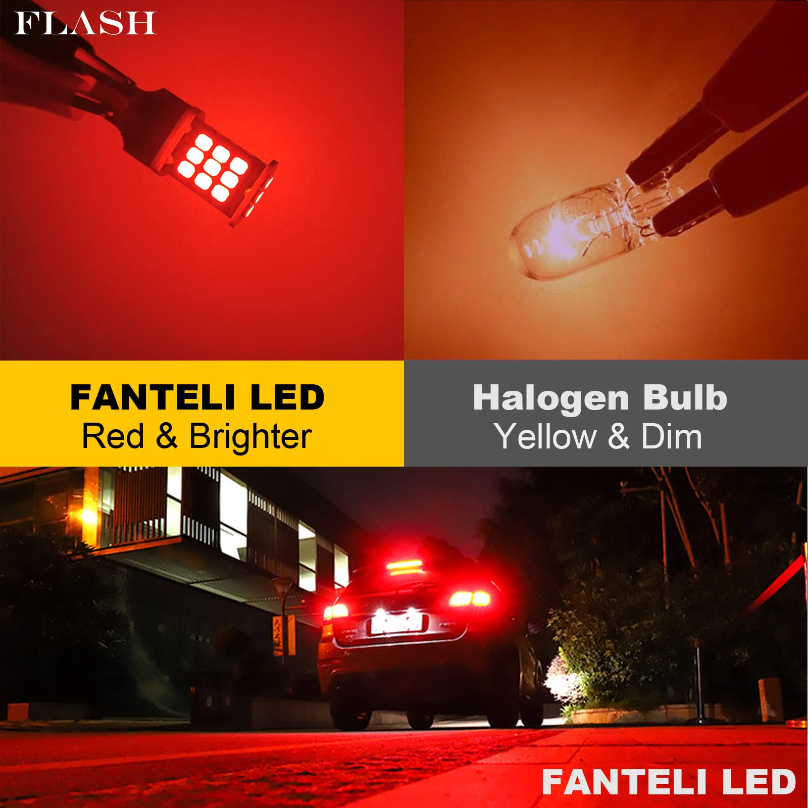 FANTELI 3157 LED Bulb Red for Brake Lights, 300% Brighter, Aluminum, Model 3157-2835-NO-RED-FAD, Pack of 2