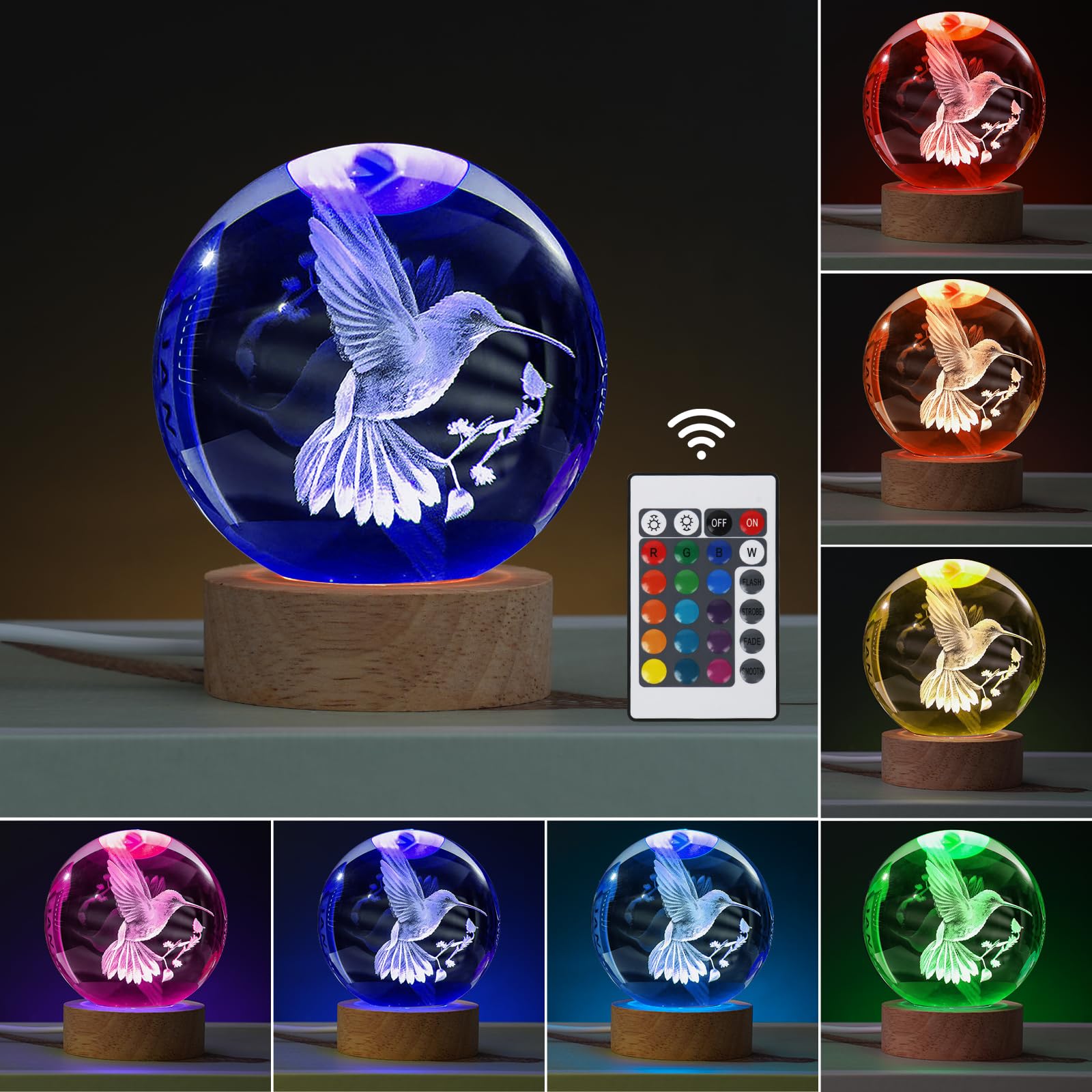 JANARARY 3D Bird Lamp - Crystal Night Light, 16 Color Changing with Remote, Perfect for Bedroom Decor, Model: MS-CrystalBallBird