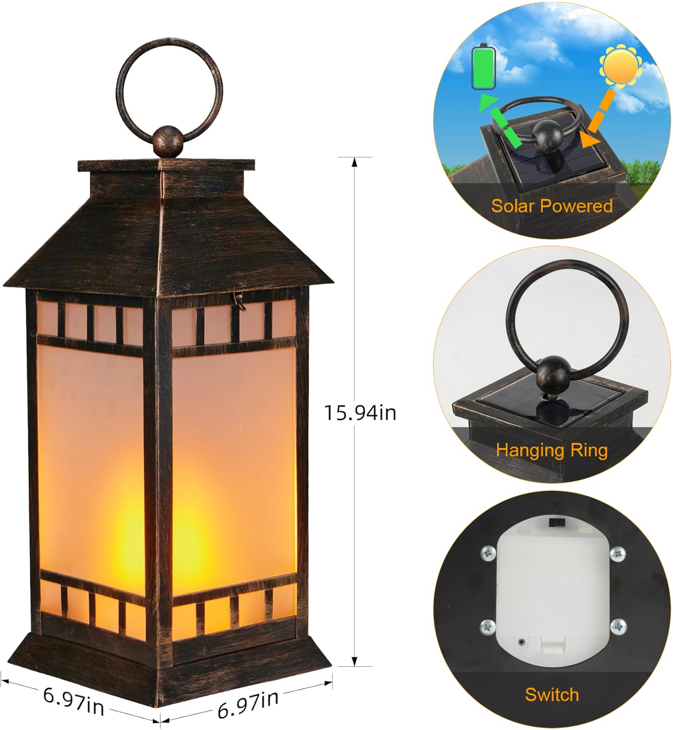 18'' Glass Solar Lantern Outdoor Waterproof, Large Hanging Solar Lanterns With Flickering Flame Lights, Metal Outdoor Lantern De