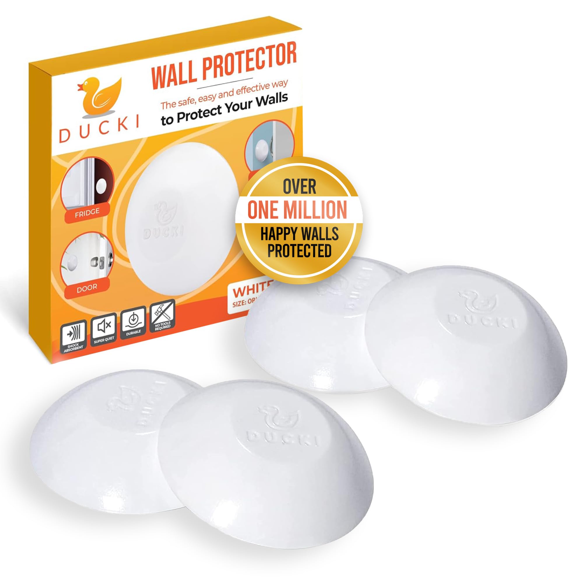 Ducki Wall Protectors - 4 Pack White - Self Adhesive  Reusable Solution for Stopping Wall Damage & Noise from Doors  Refrigerators & More in Your Home or Office - Durable  Shock Absorbent & Discreet-New