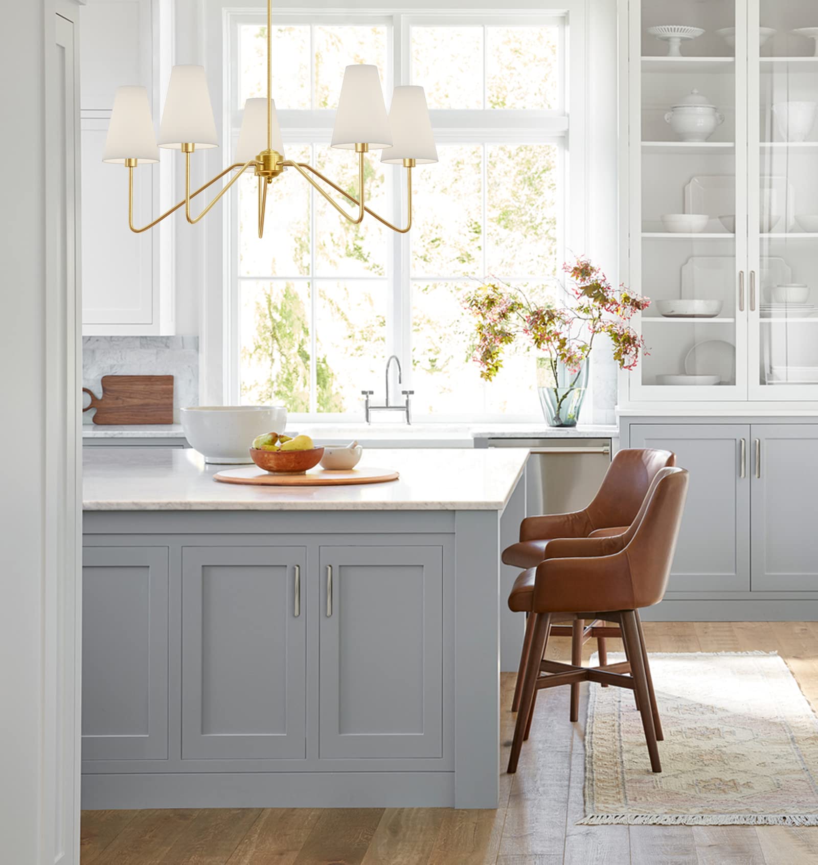 Electro Bp 30&quot; 5-Arm Classic Chandelier, Polished Gold With White Linen Shades, Ceiling Fixture