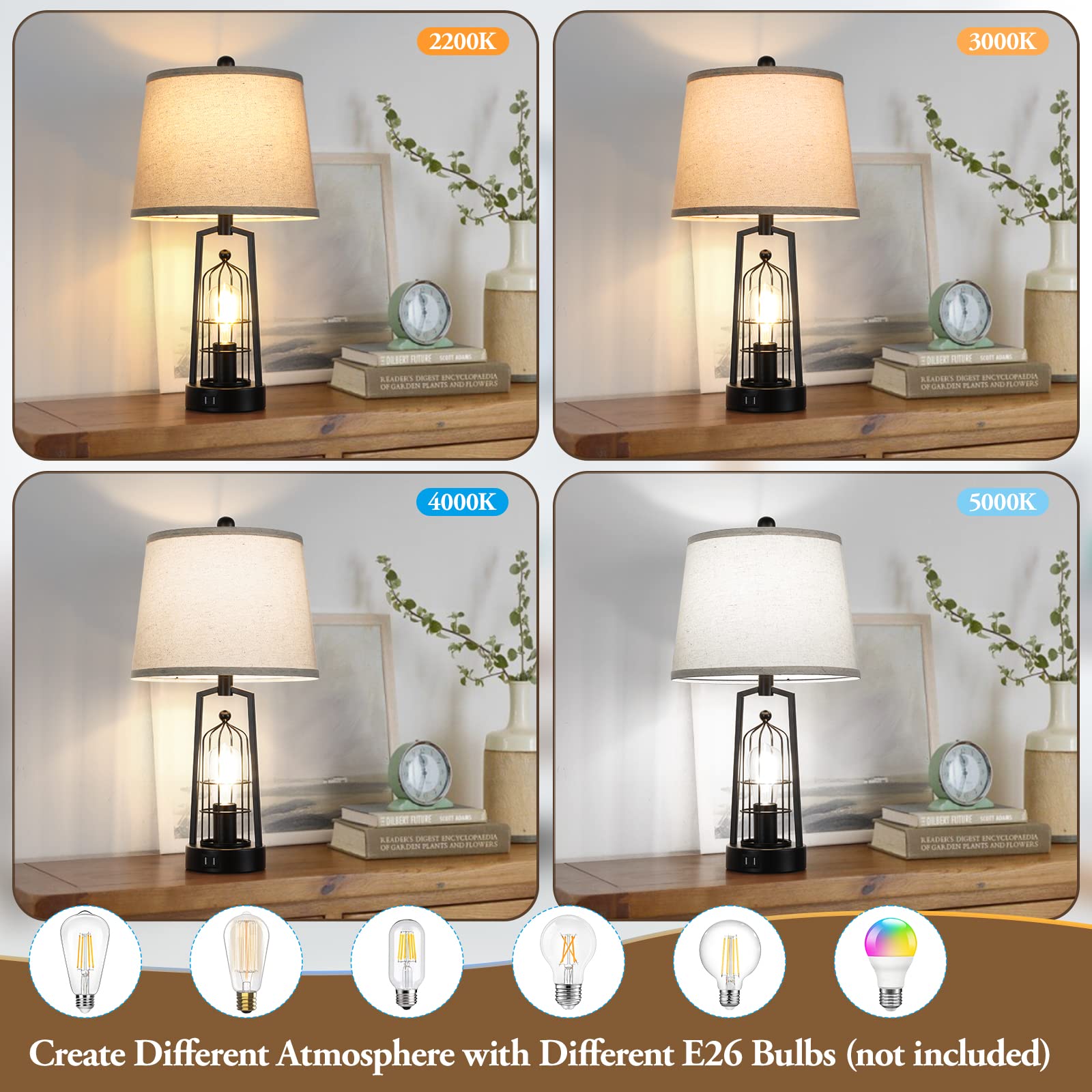Brightever Farmhouse Table Lamps Set of 2 Rustic Industrial Metal Beige 2 USB Ports JT2026.BE